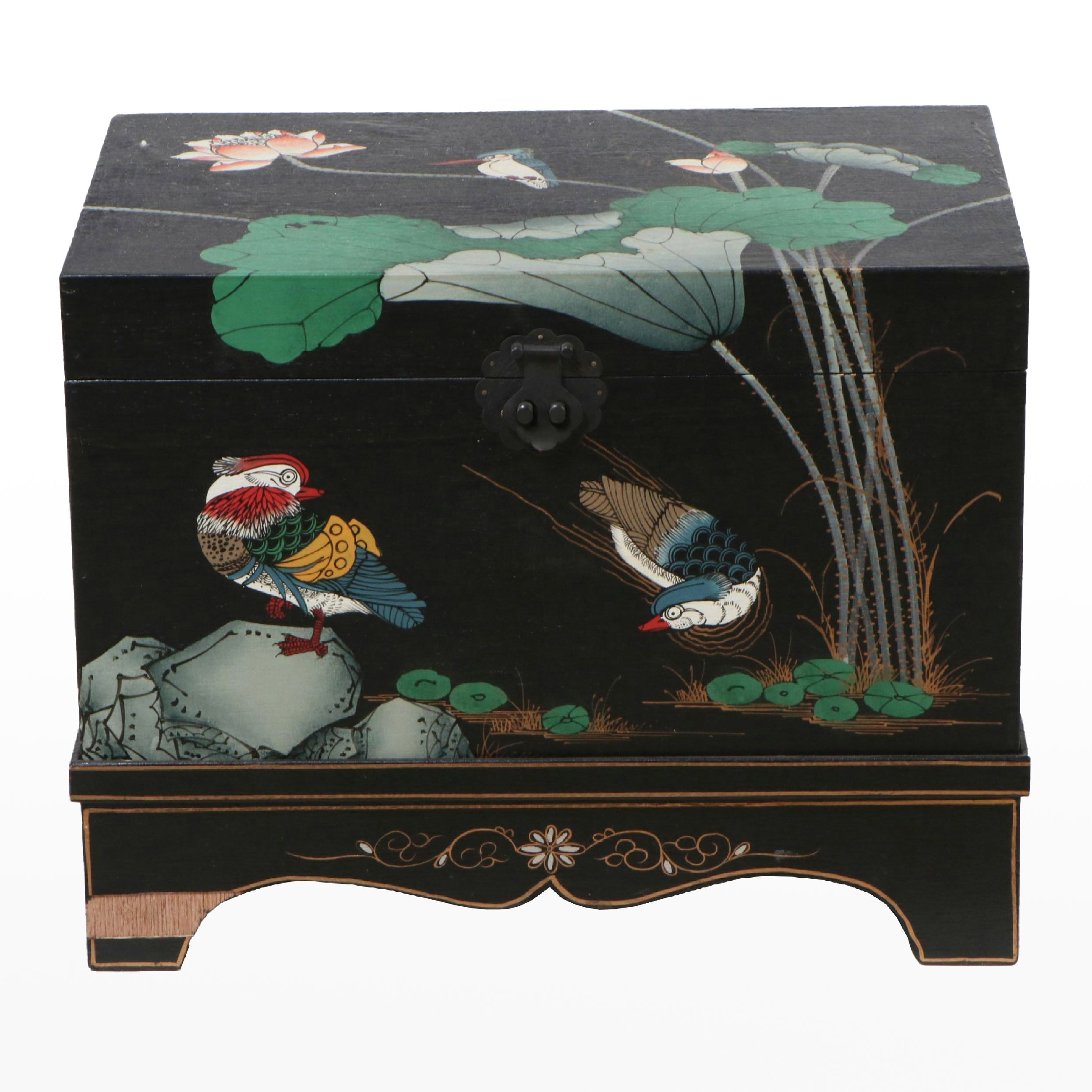 Chinese Painted and Lacquered Wood Storage Chest on Fitted Stand