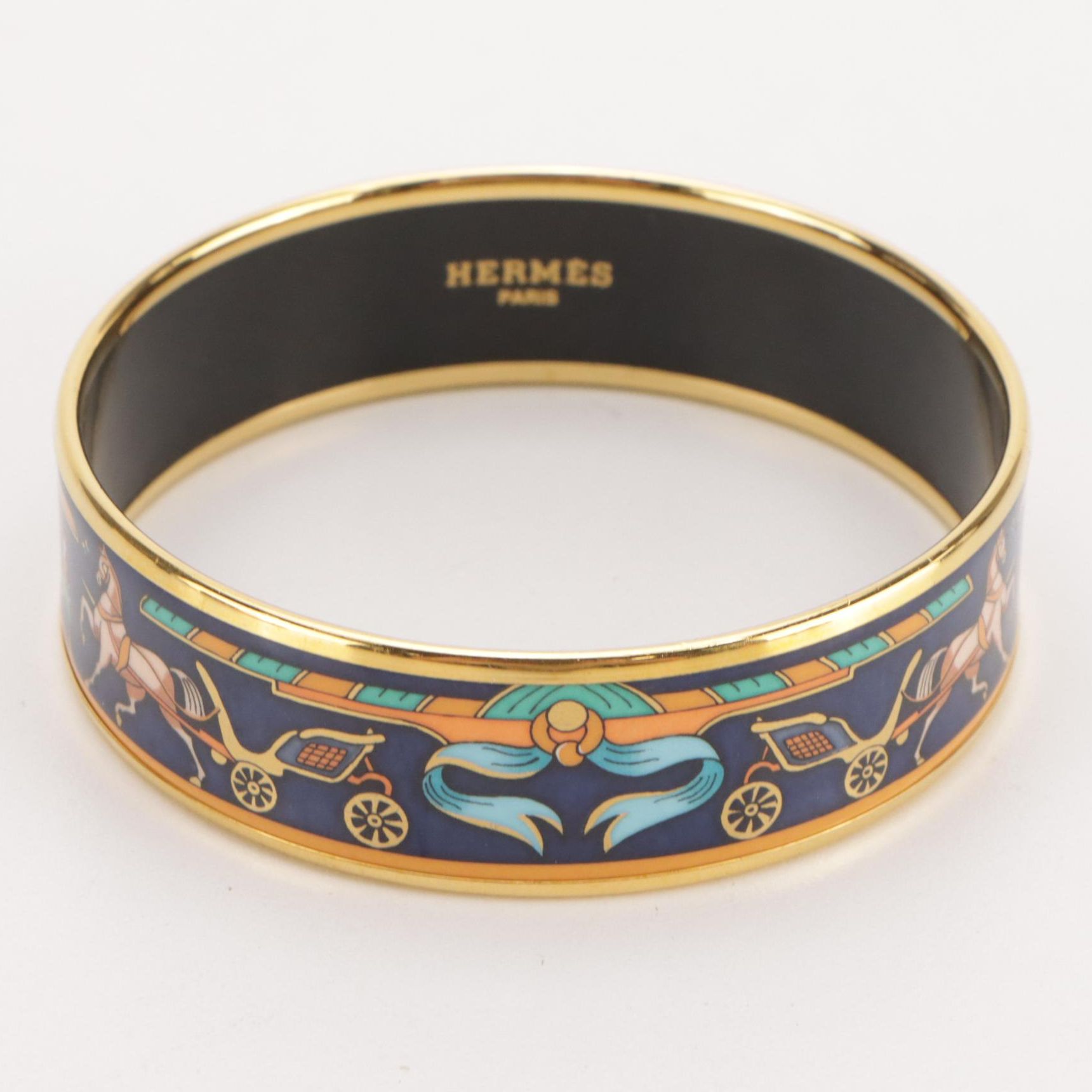 Hermès Horse and Carriage Equestrian Enamel Bangle Bracelet in Box