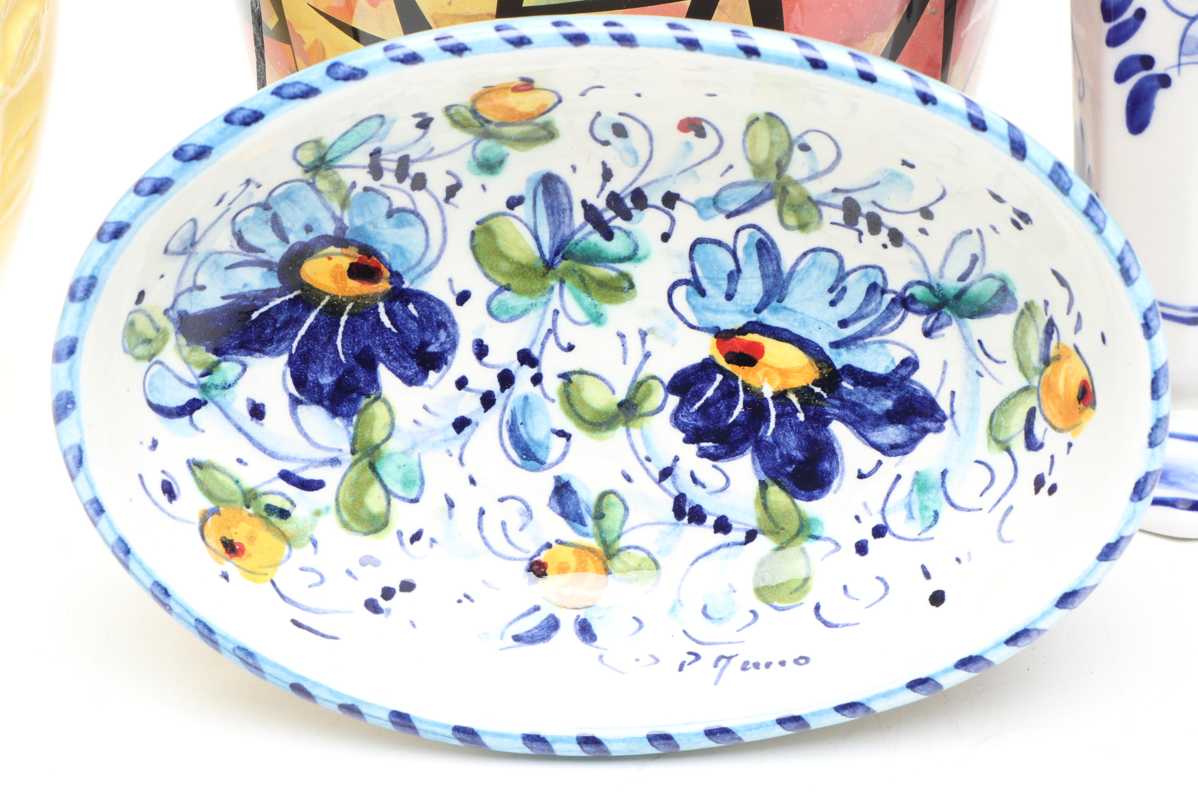 Marino Italian Bowl, Delfts Blue Trumpet Vase, Reverse Decoupage Vase, More