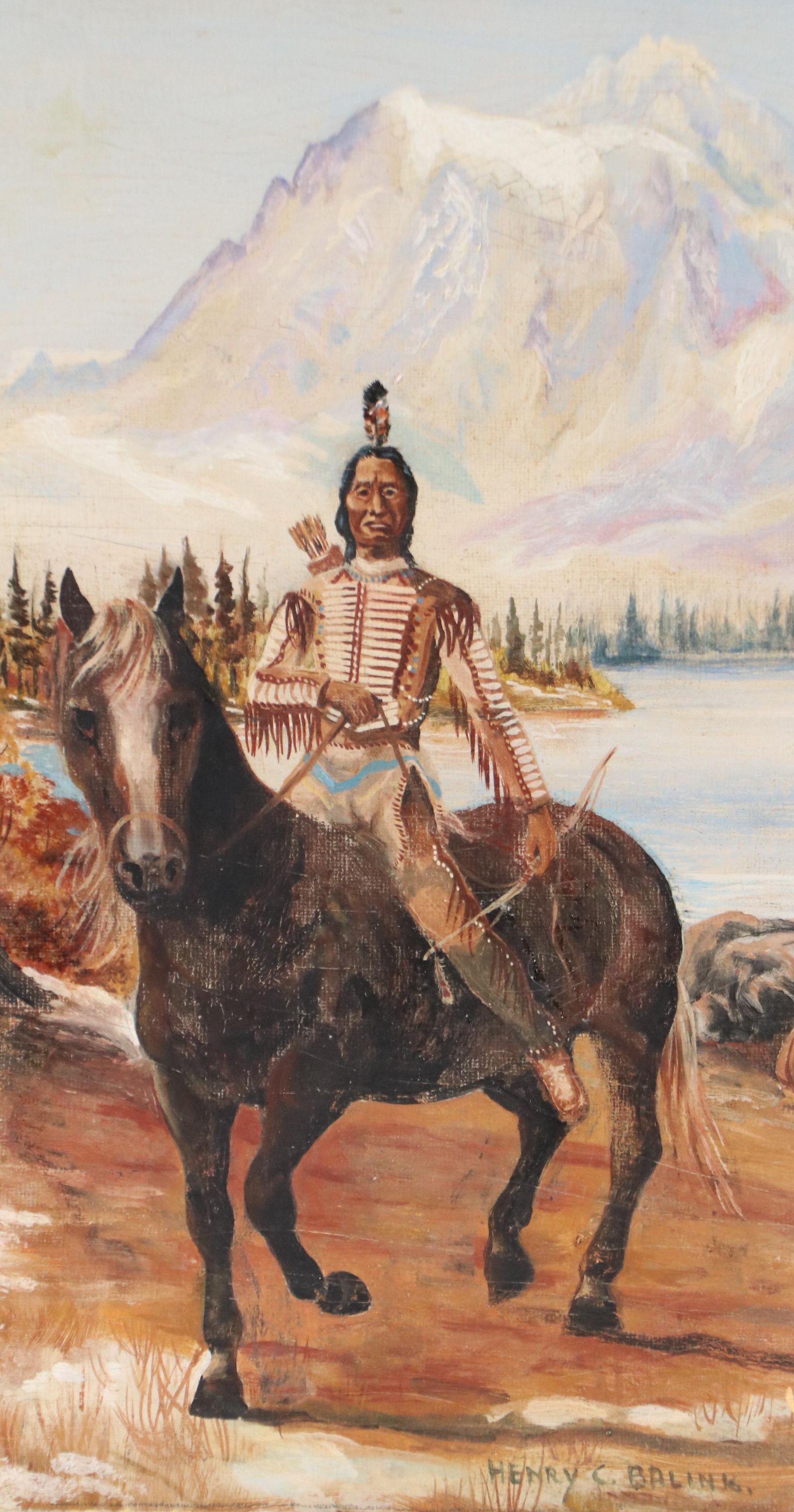 Henry C. Balink Oil Painting on Board of Native American on Horse, 20th Century