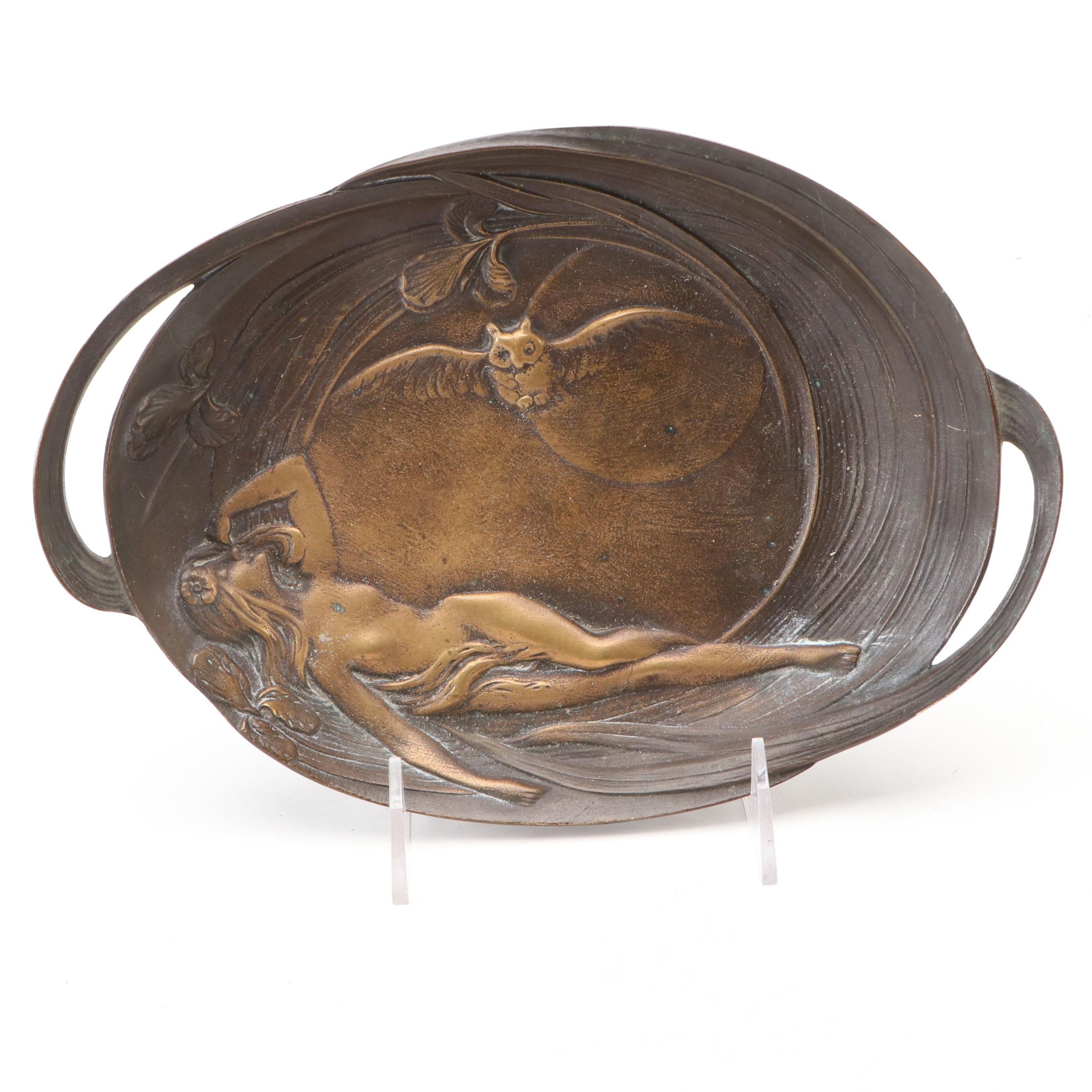 Brass Art Nouveau Style Sleeping Nude with Owl and Irises Tray