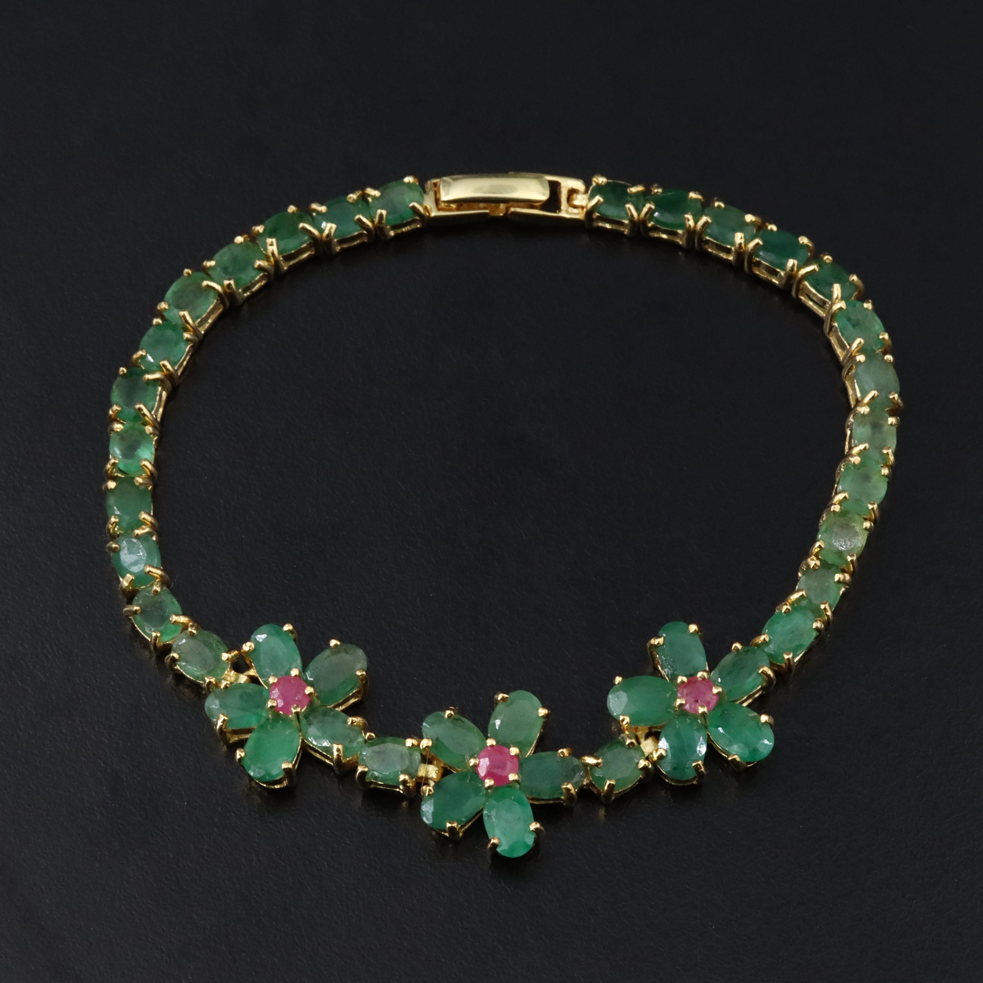 Sterling Emerald and Ruby Floral Bracelet