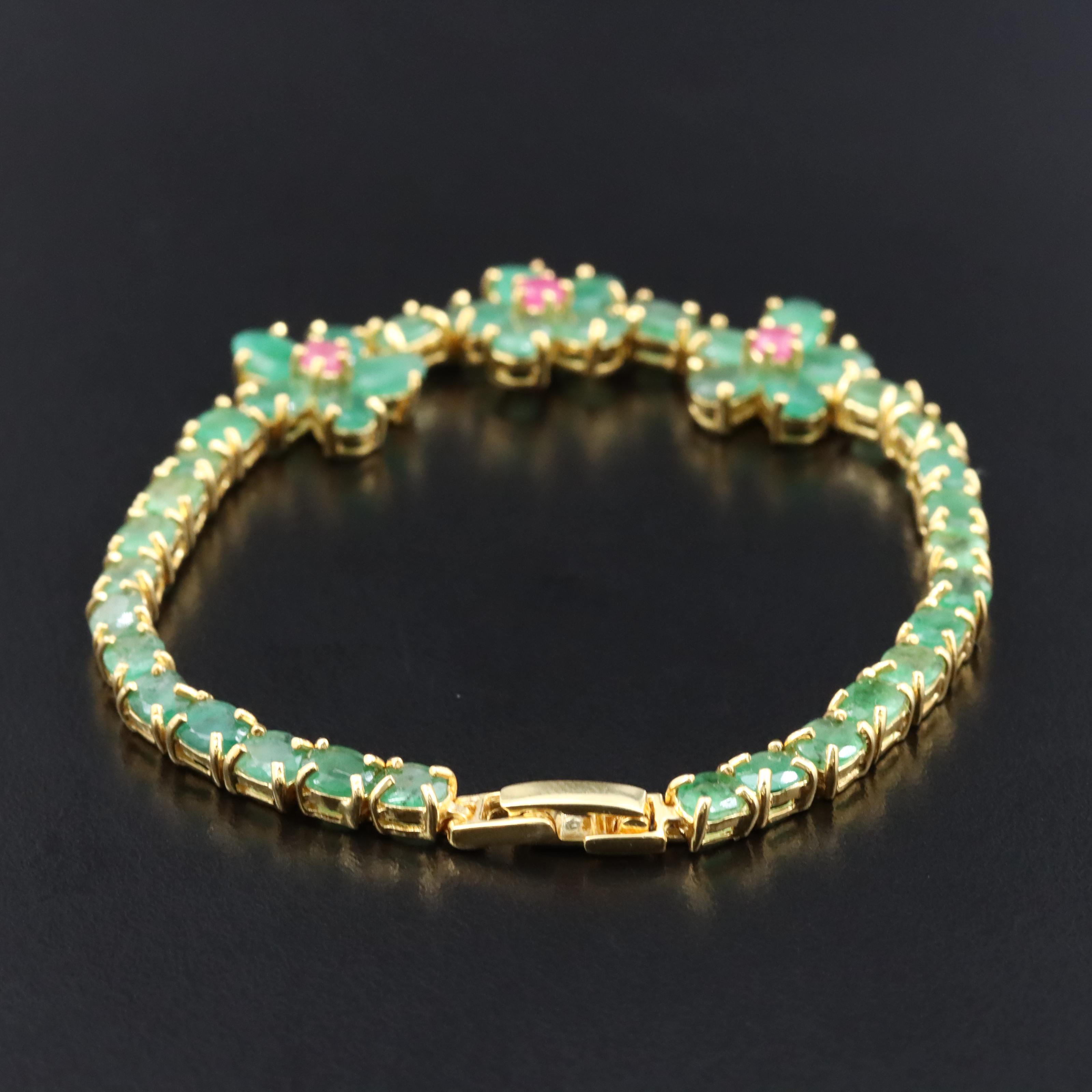 Sterling Emerald and Ruby Floral Bracelet