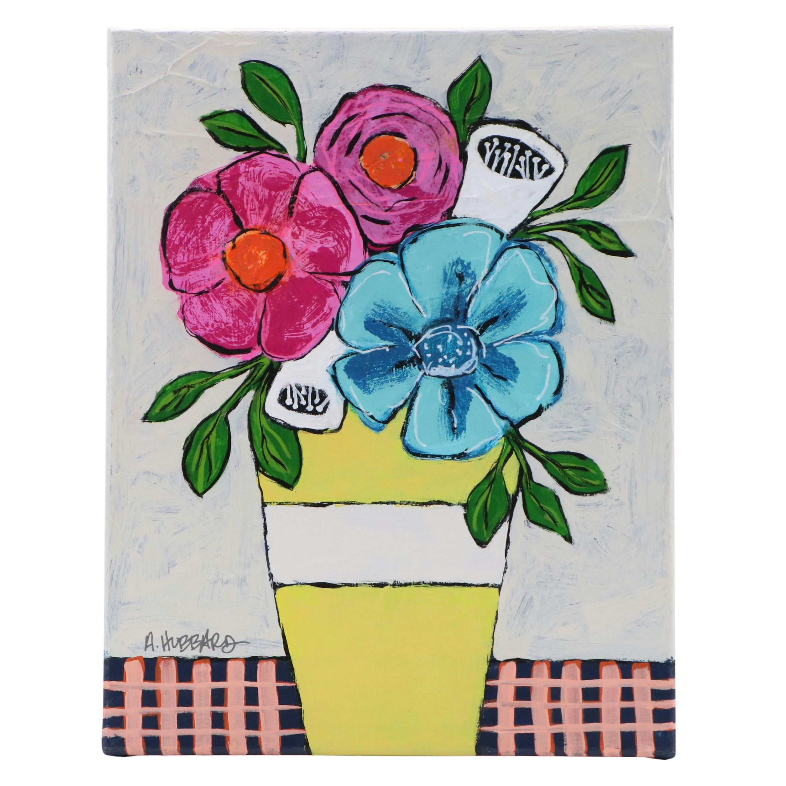 Angie Hubbard Stylized Floral Still Life Acrylic Painting, 21st Century