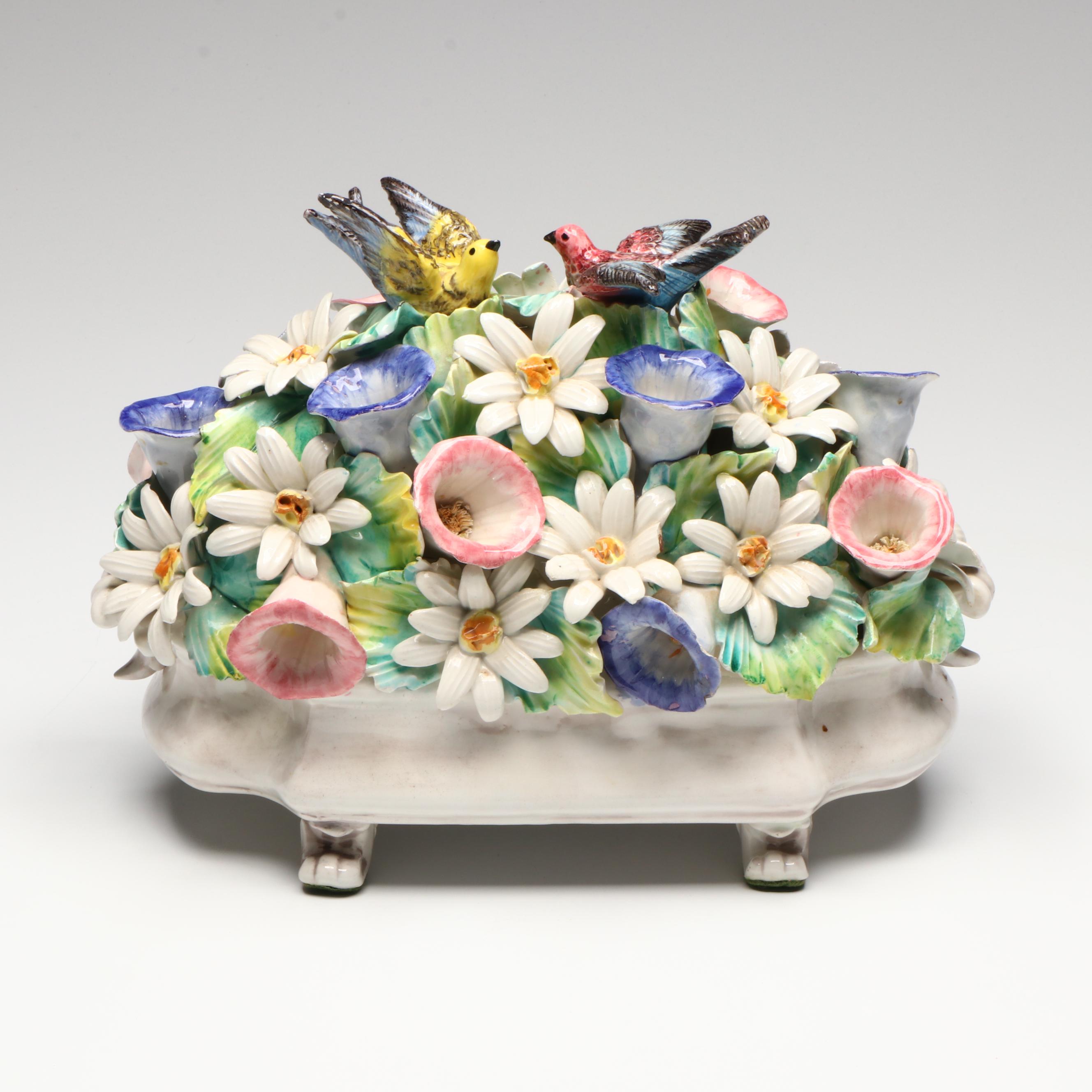 Meiselman Italian Porcelain Basket of Flowers with Swallows, Mid-20th C.