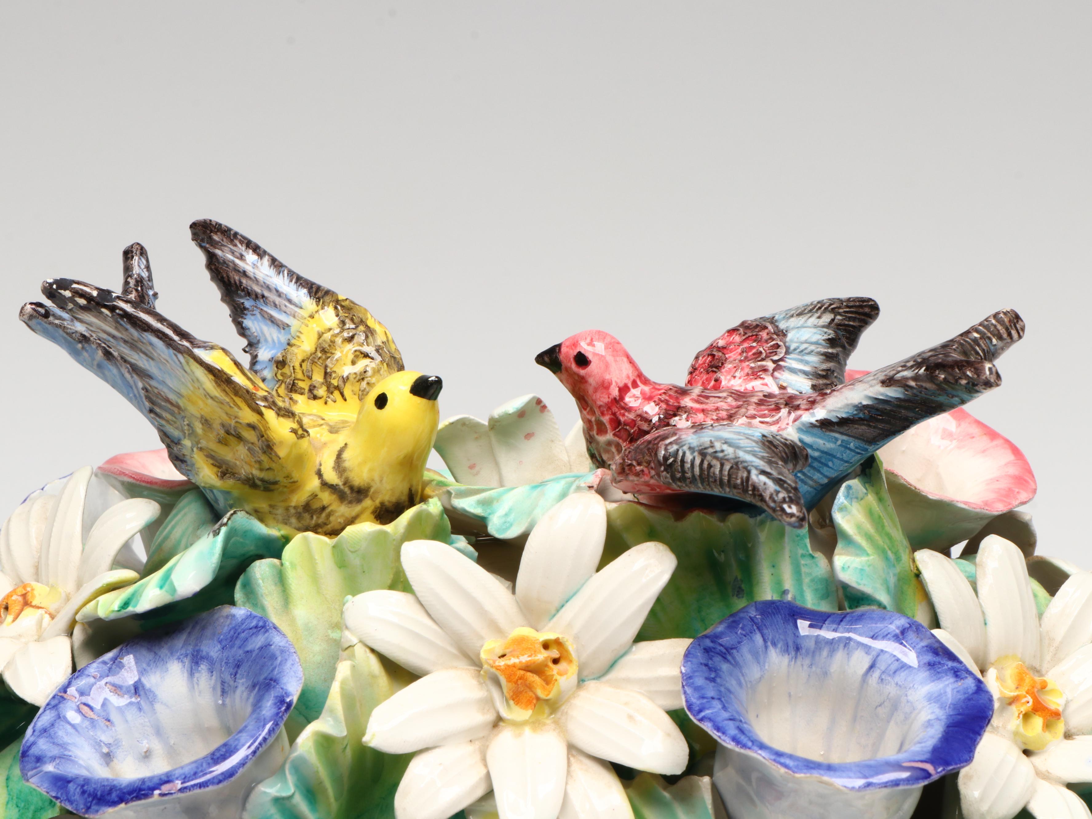 Meiselman Italian Porcelain Basket of Flowers with Swallows, Mid-20th C.