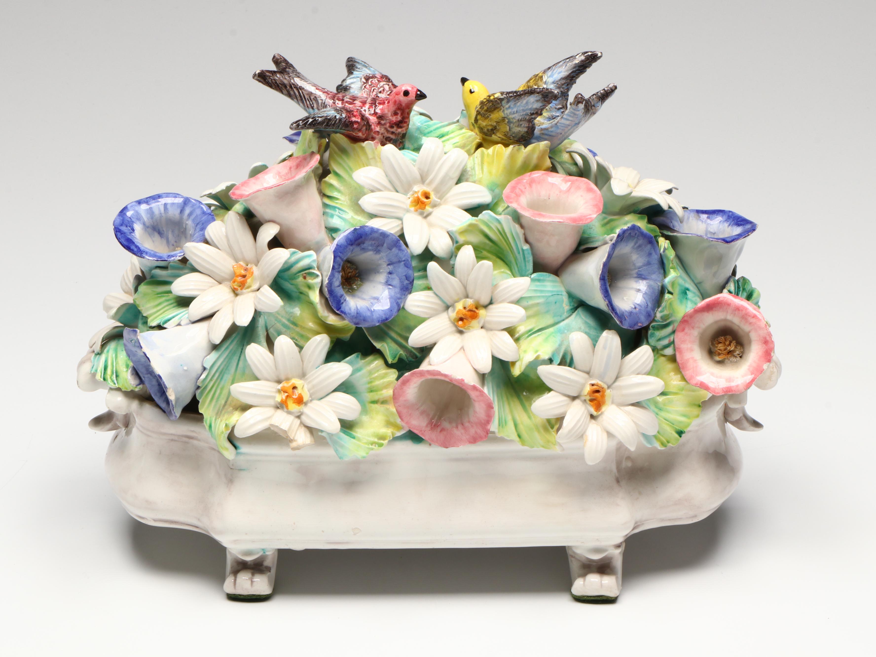 Meiselman Italian Porcelain Basket of Flowers with Swallows, Mid-20th C.