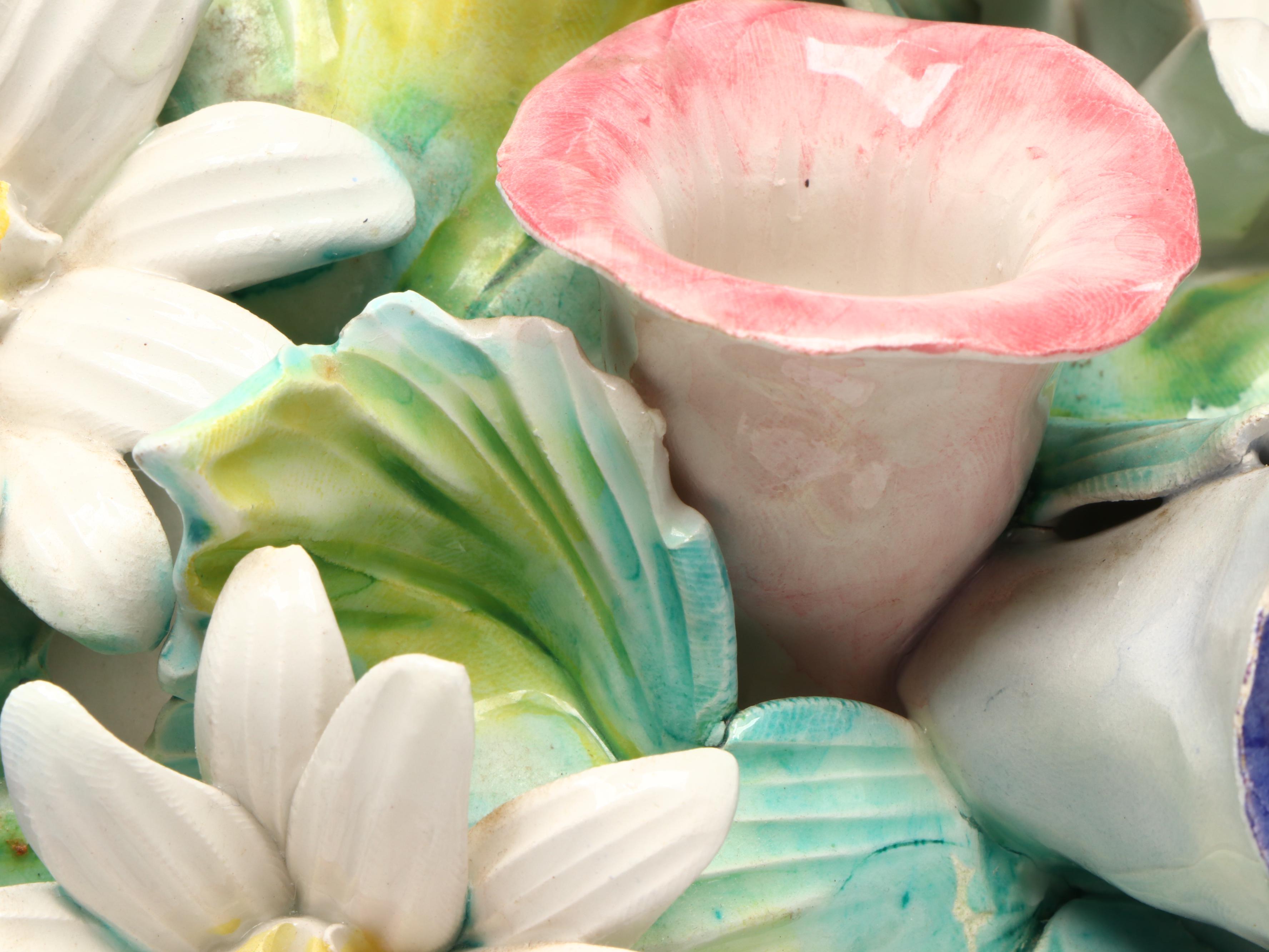 Meiselman Italian Porcelain Basket of Flowers with Swallows, Mid-20th C.