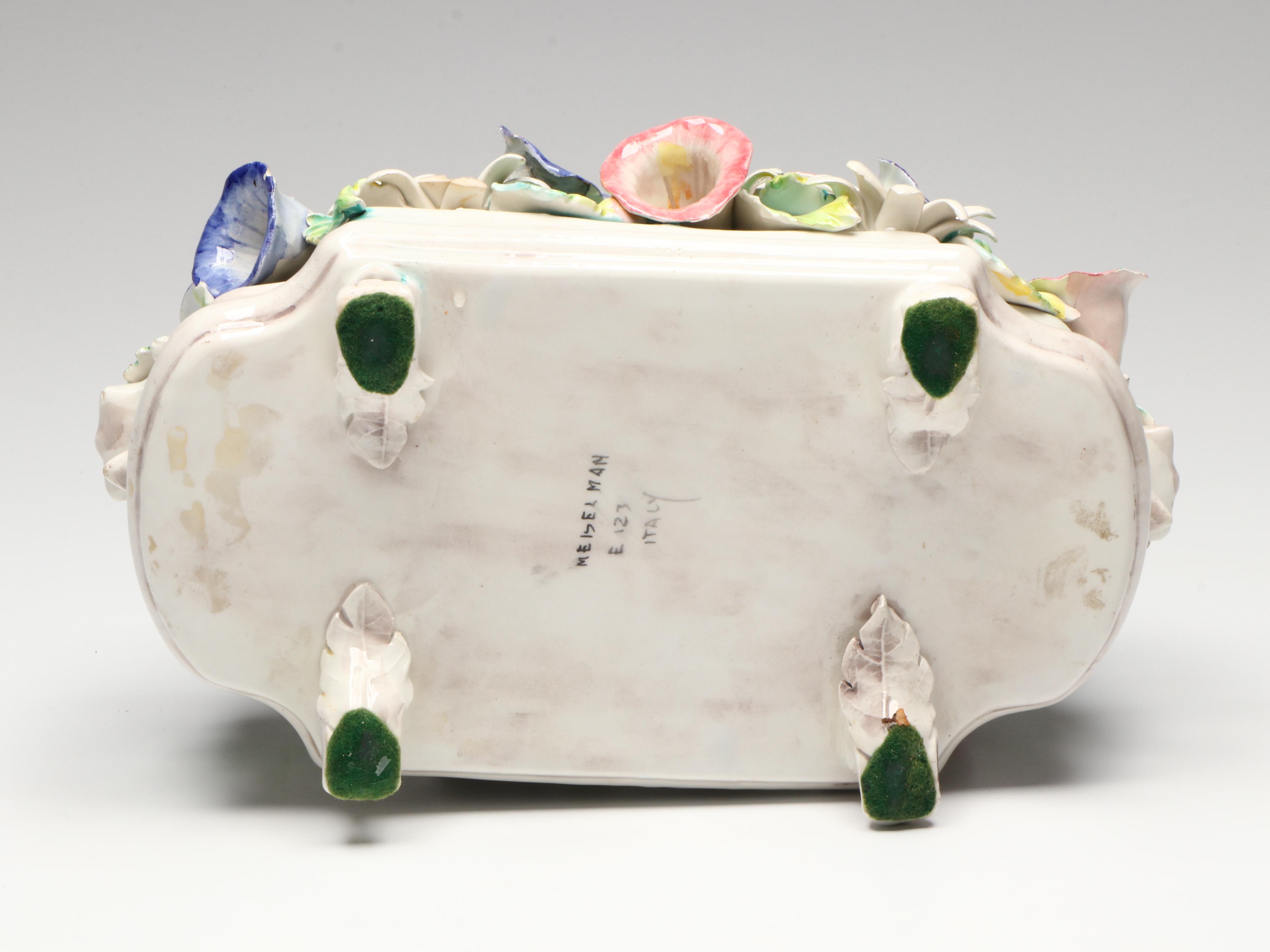 Meiselman Italian Porcelain Basket of Flowers with Swallows, Mid-20th C.