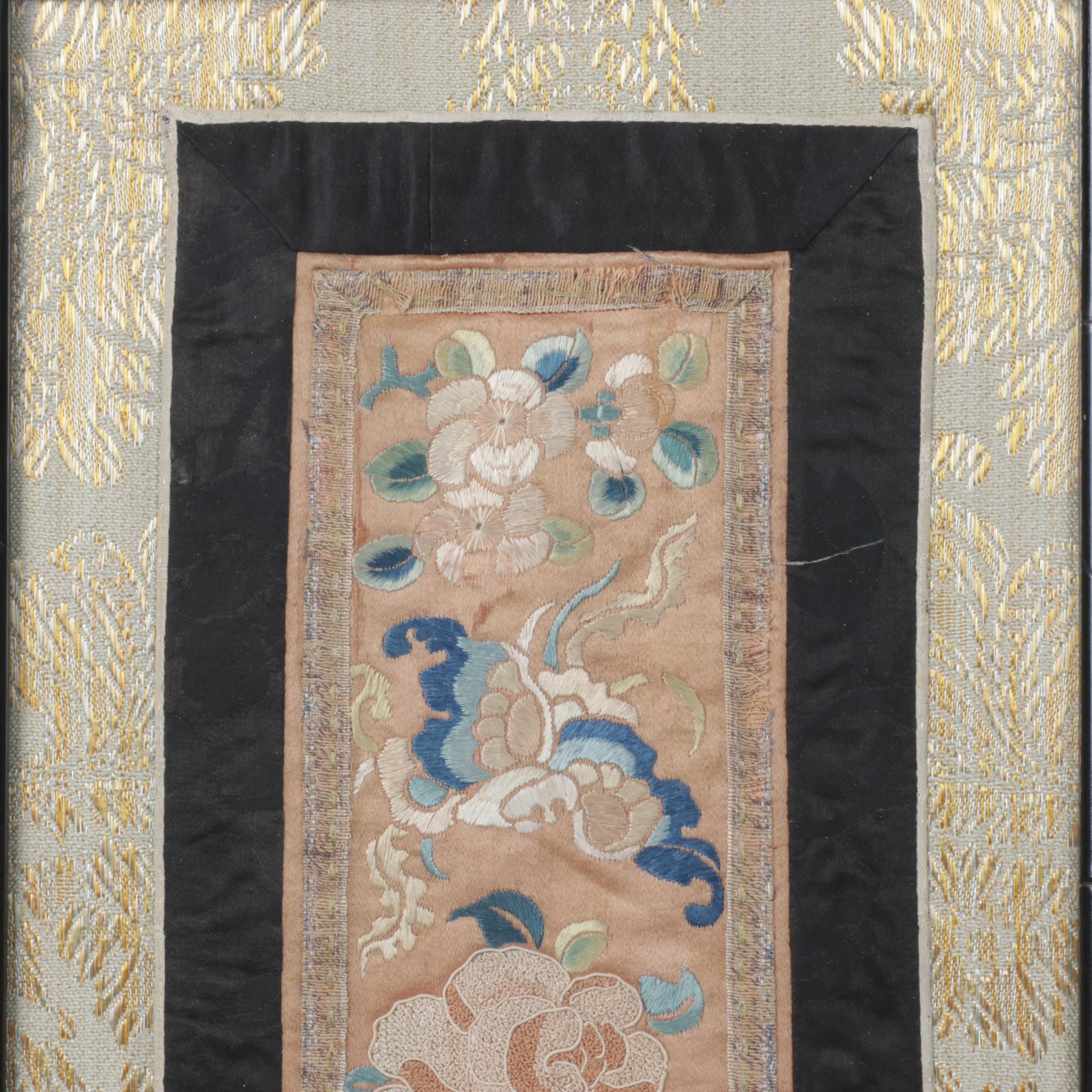 Chinese Hand-Embroidered Peonies on Peach Colored Silk Panel