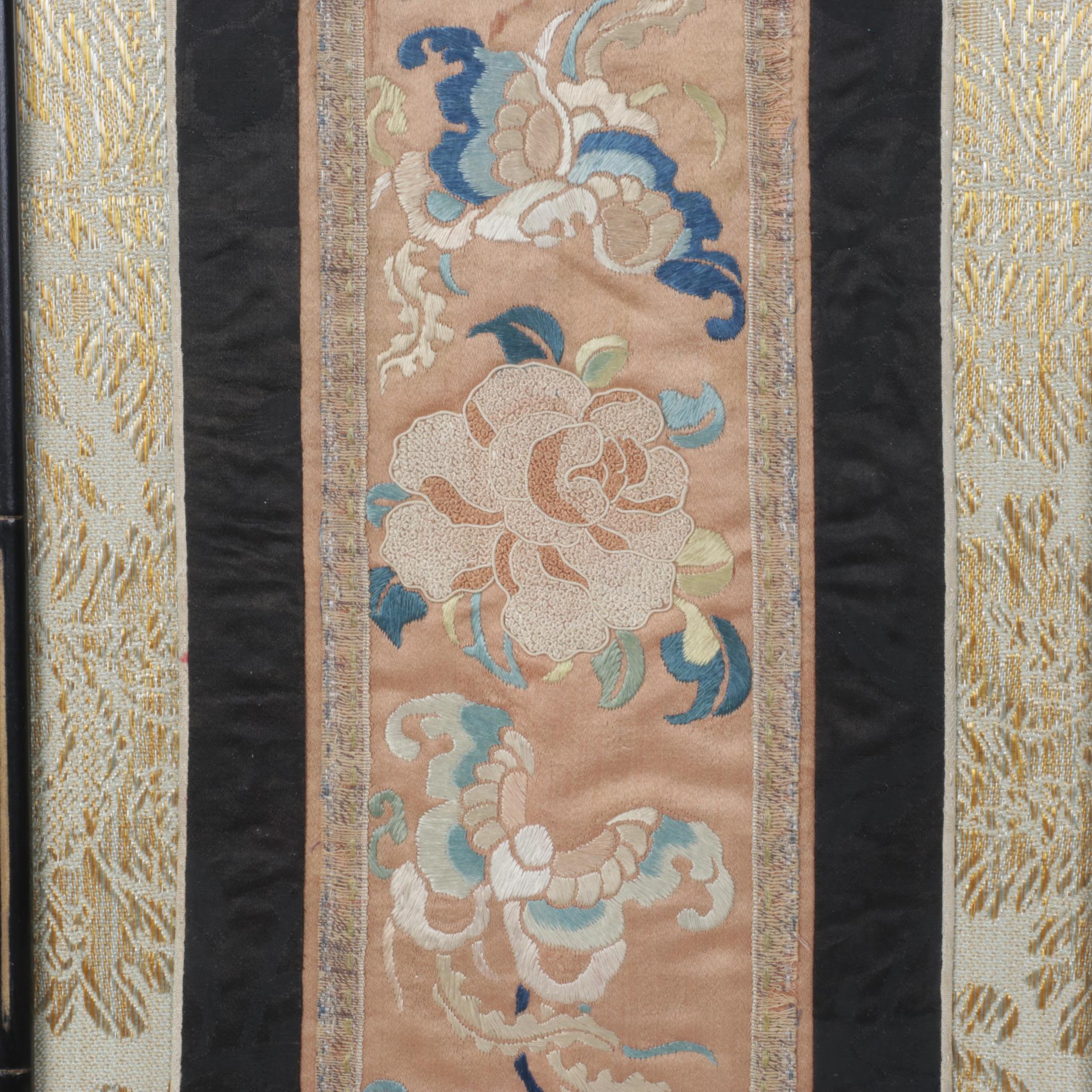 Chinese Hand-Embroidered Peonies on Peach Colored Silk Panel