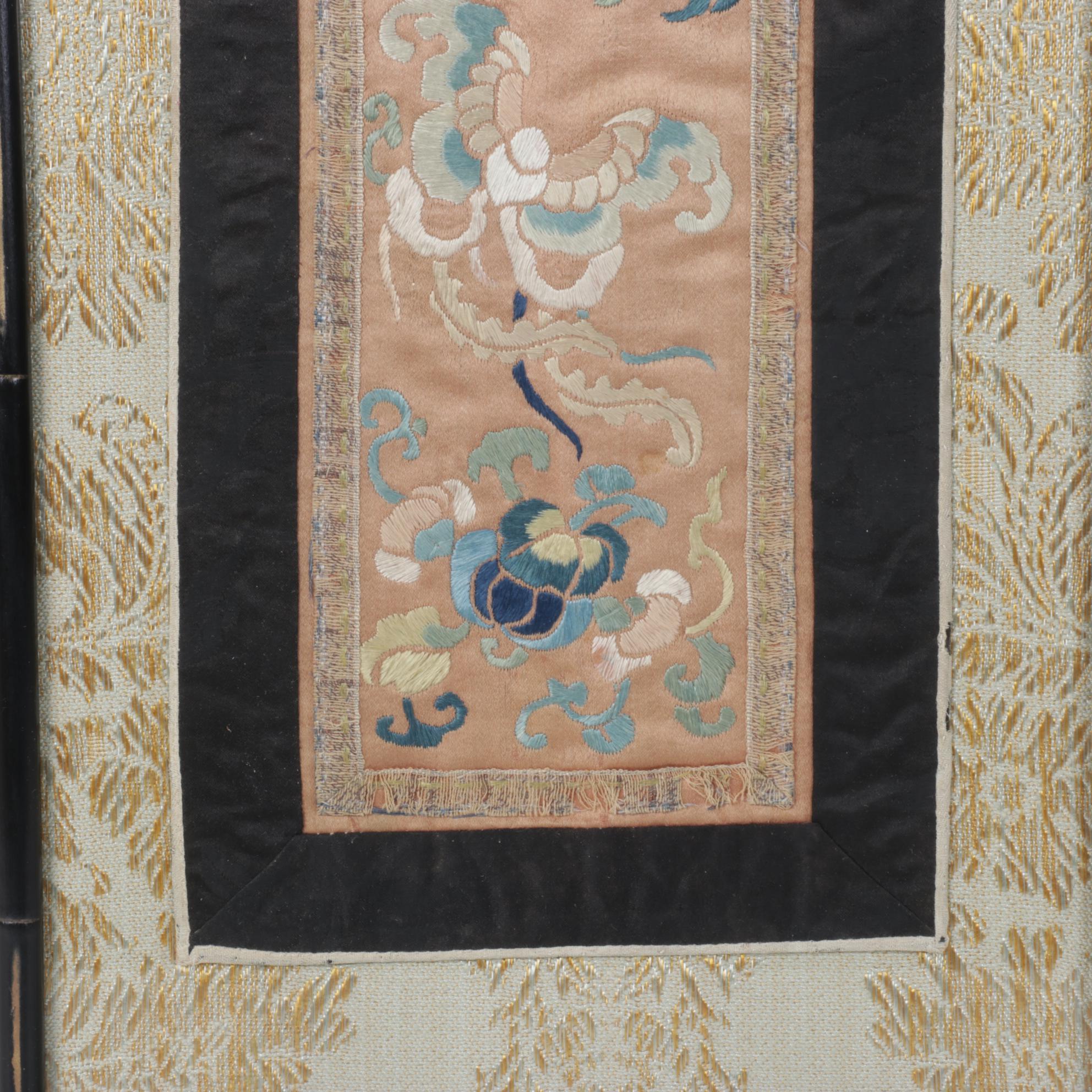 Chinese Hand-Embroidered Peonies on Peach Colored Silk Panel