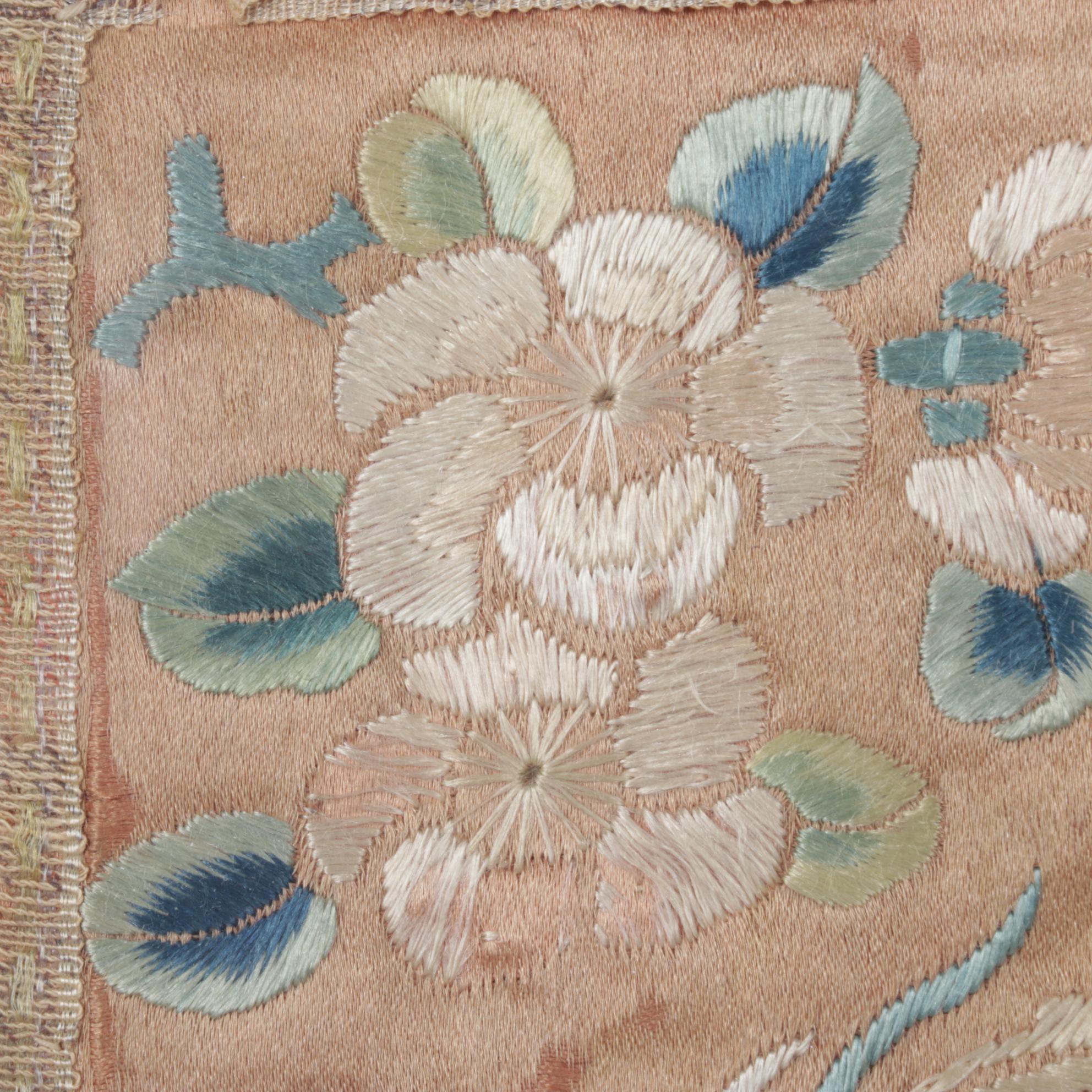 Chinese Hand-Embroidered Peonies on Peach Colored Silk Panel