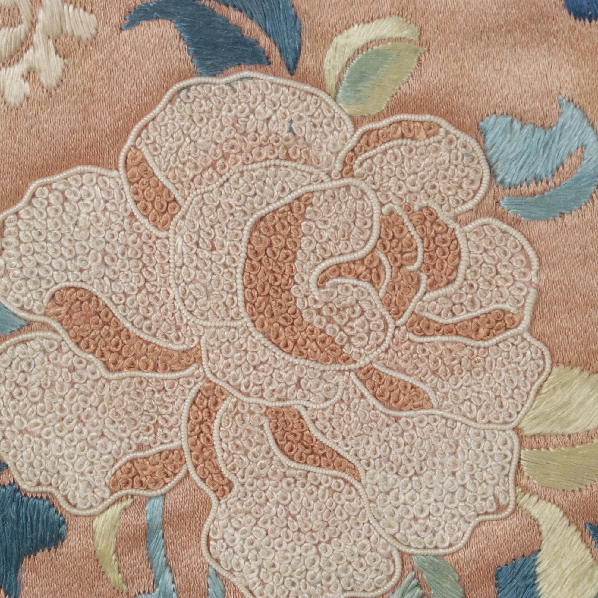 Chinese Hand-Embroidered Peonies on Peach Colored Silk Panel