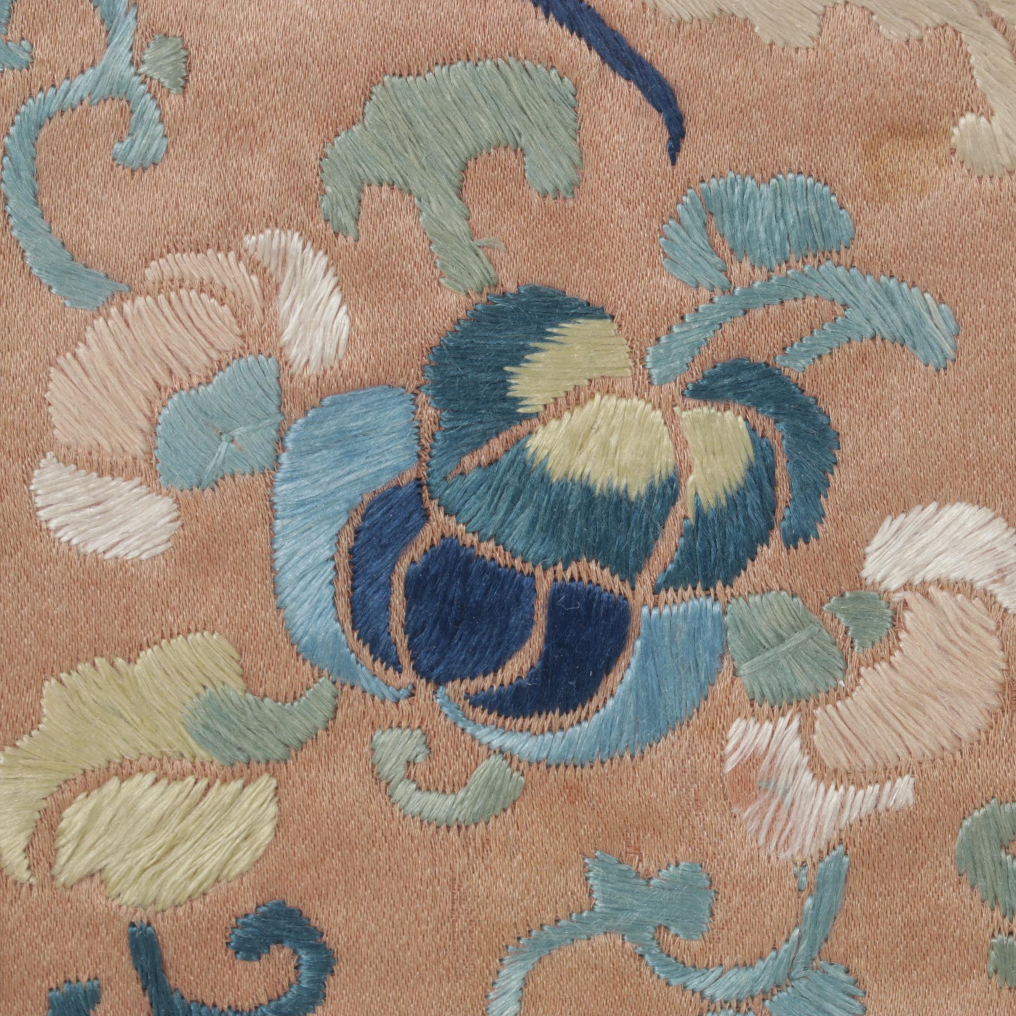 Chinese Hand-Embroidered Peonies on Peach Colored Silk Panel