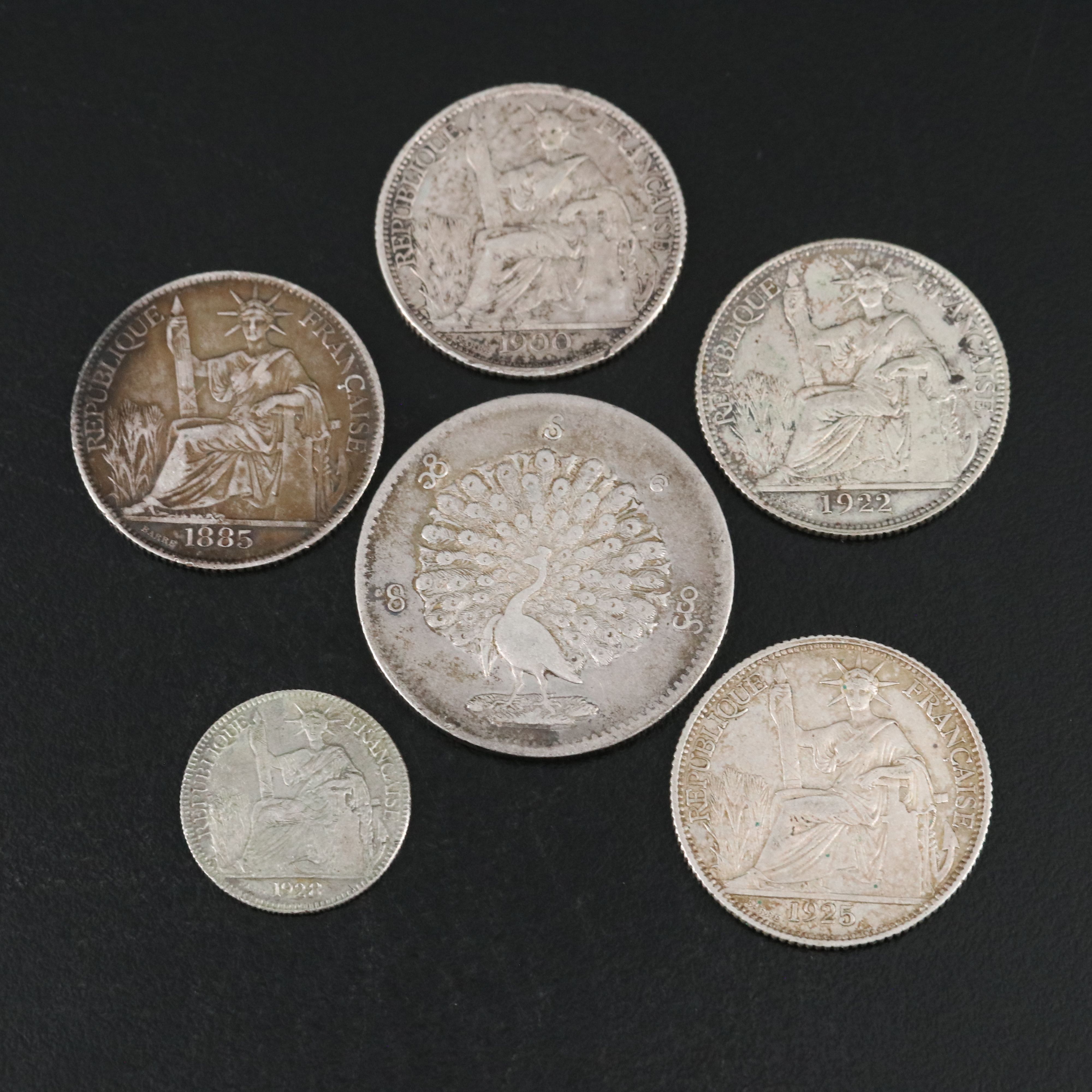 Five French Indo-China Silver Coins and a Burma Silver 10 Kyat Coin