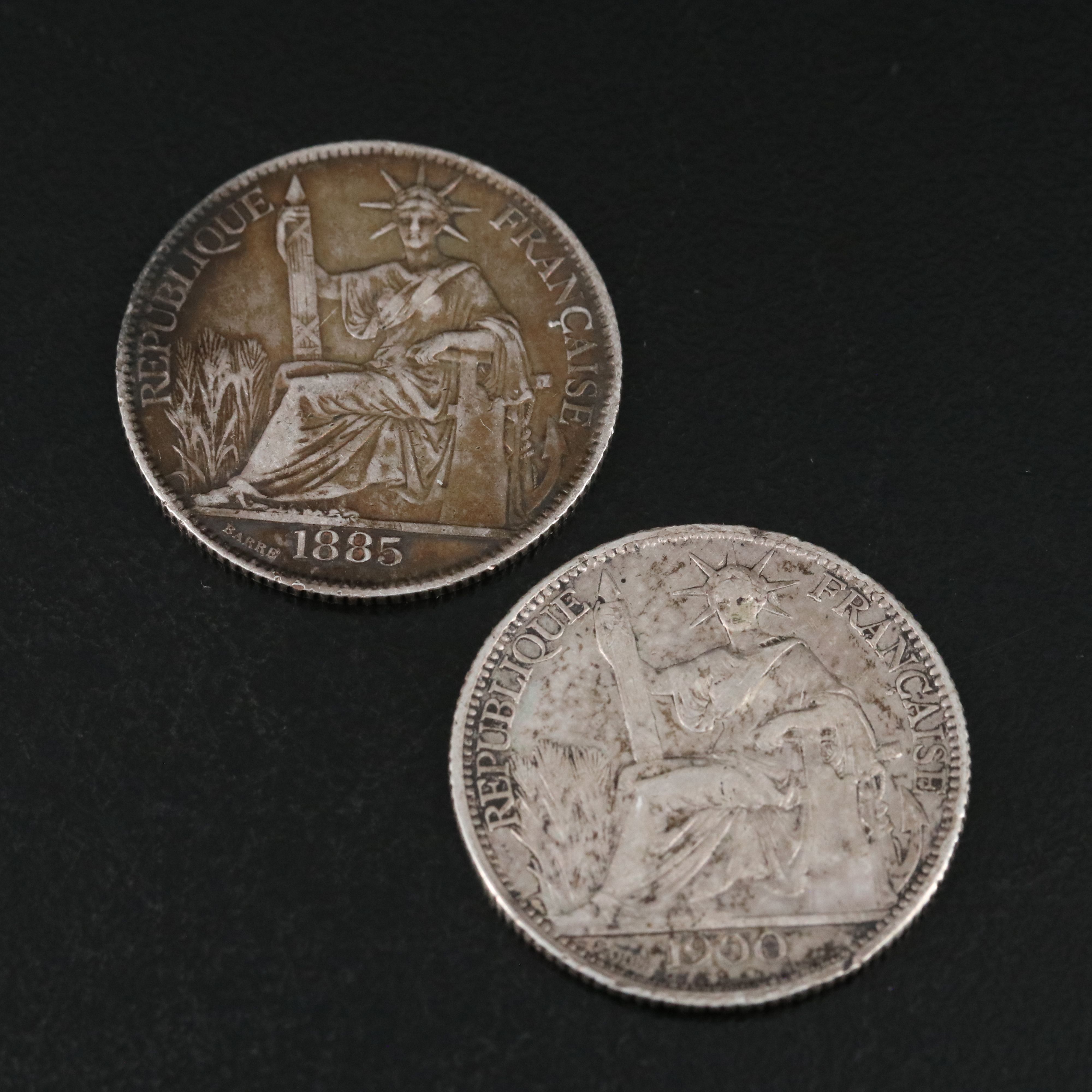 Five French Indo-China Silver Coins and a Burma Silver 10 Kyat Coin