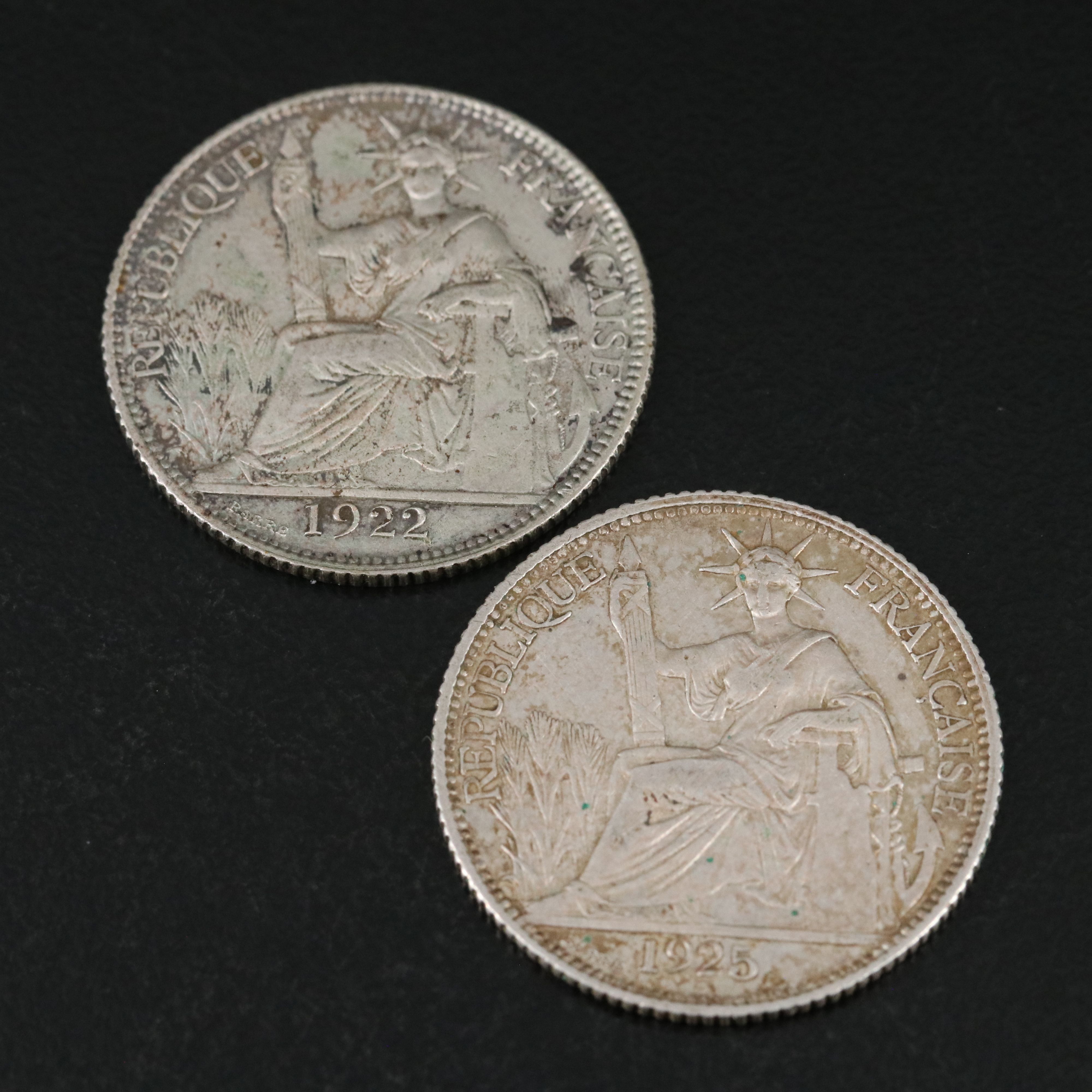 Five French Indo-China Silver Coins and a Burma Silver 10 Kyat Coin