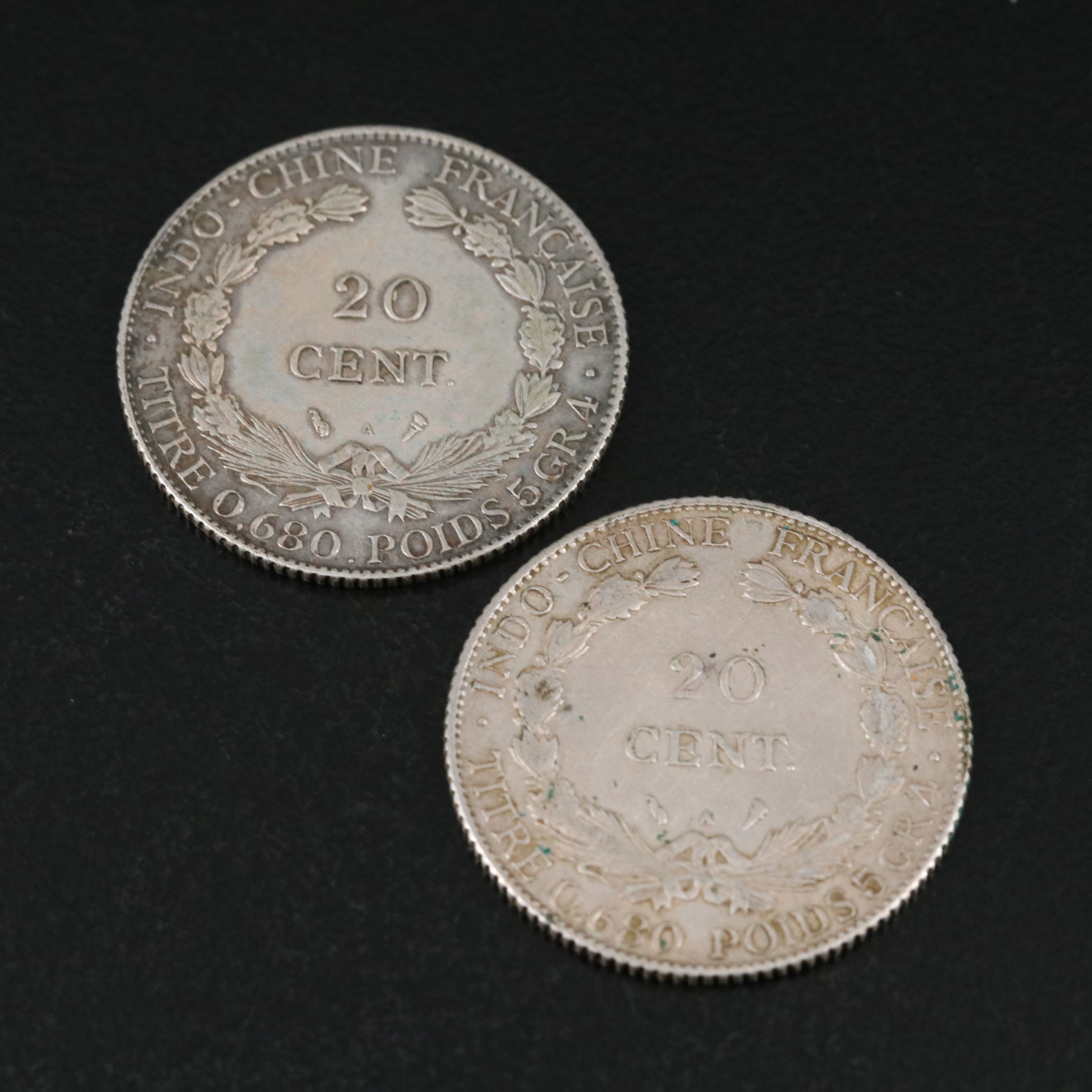 Five French Indo-China Silver Coins and a Burma Silver 10 Kyat Coin