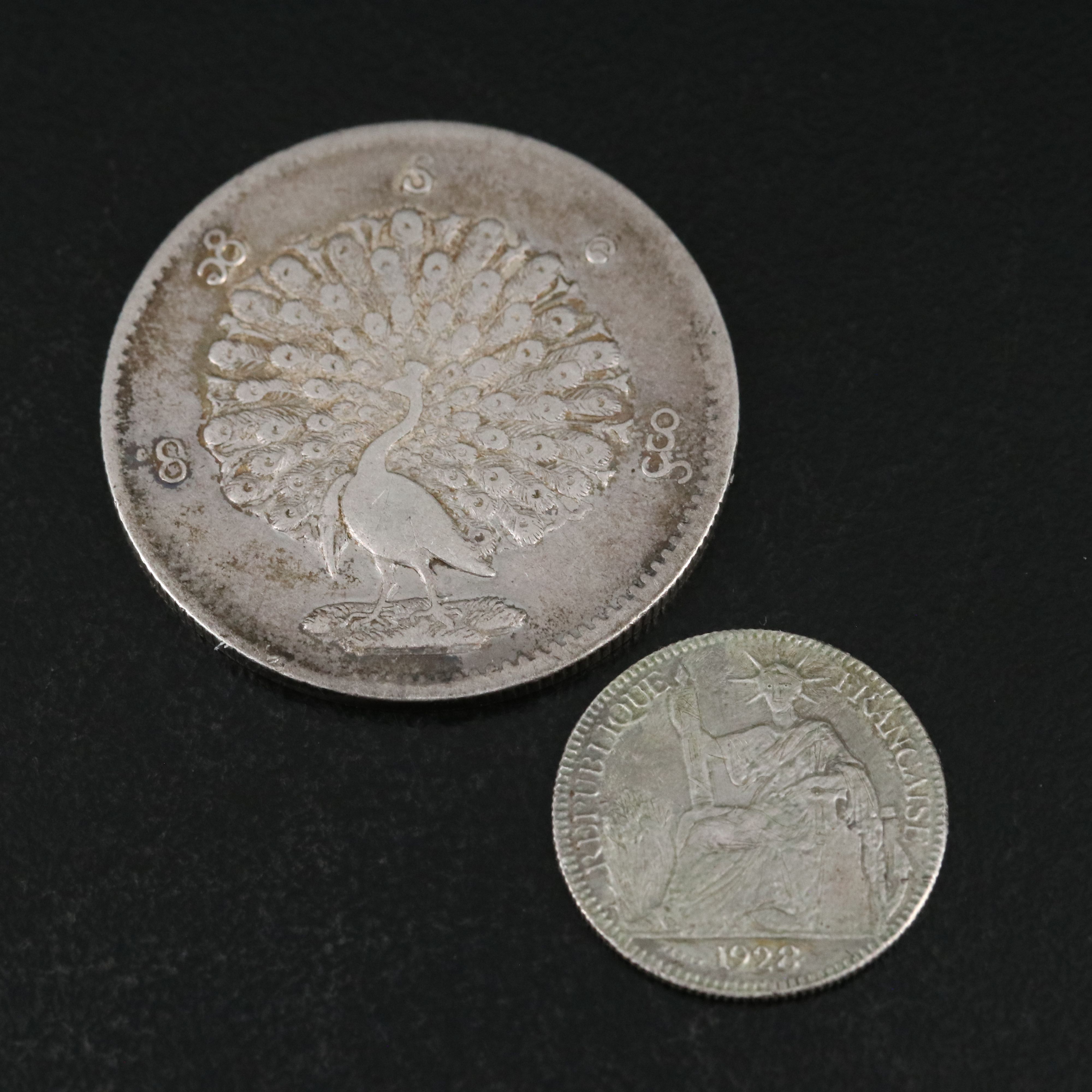 Five French Indo-China Silver Coins and a Burma Silver 10 Kyat Coin