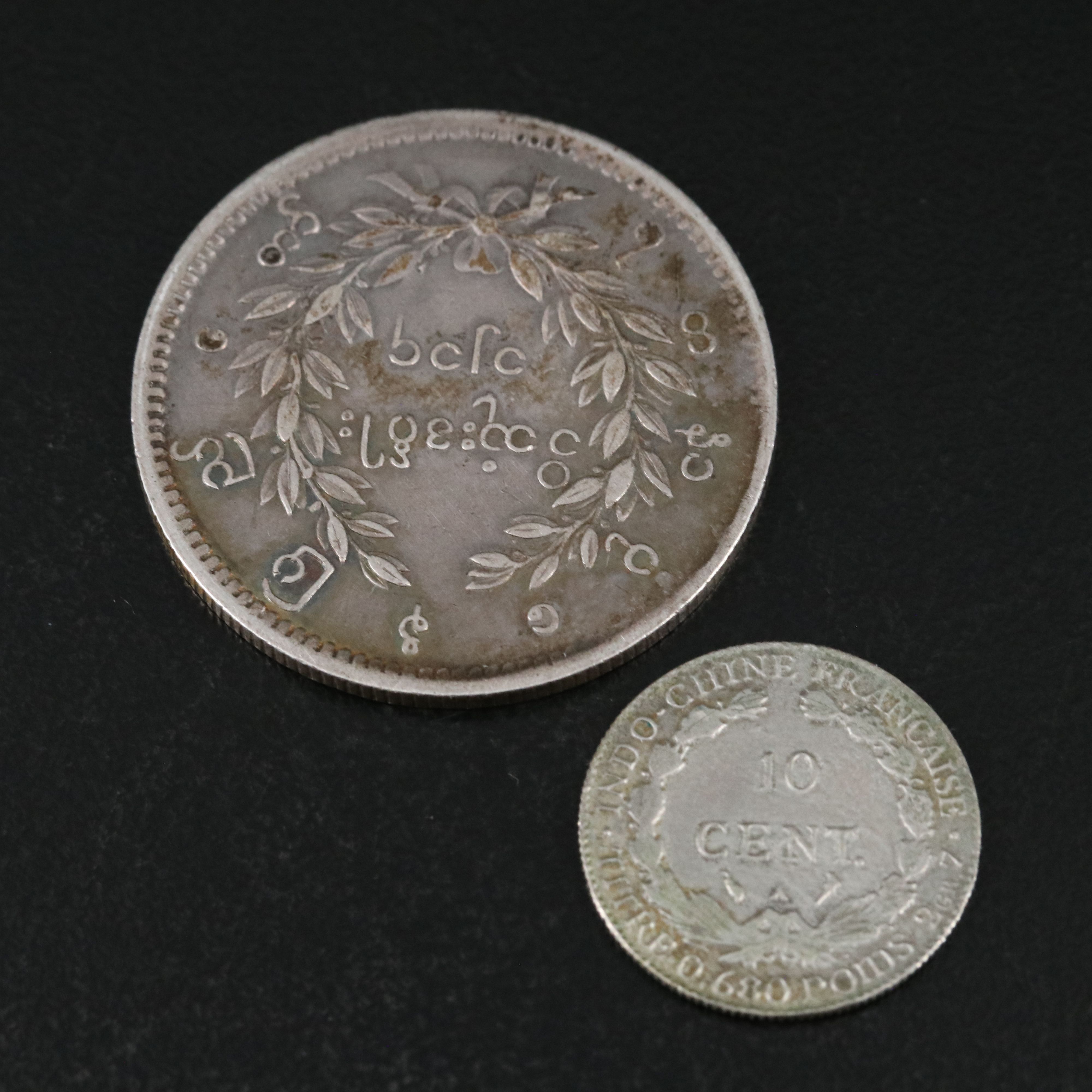 Five French Indo-China Silver Coins and a Burma Silver 10 Kyat Coin