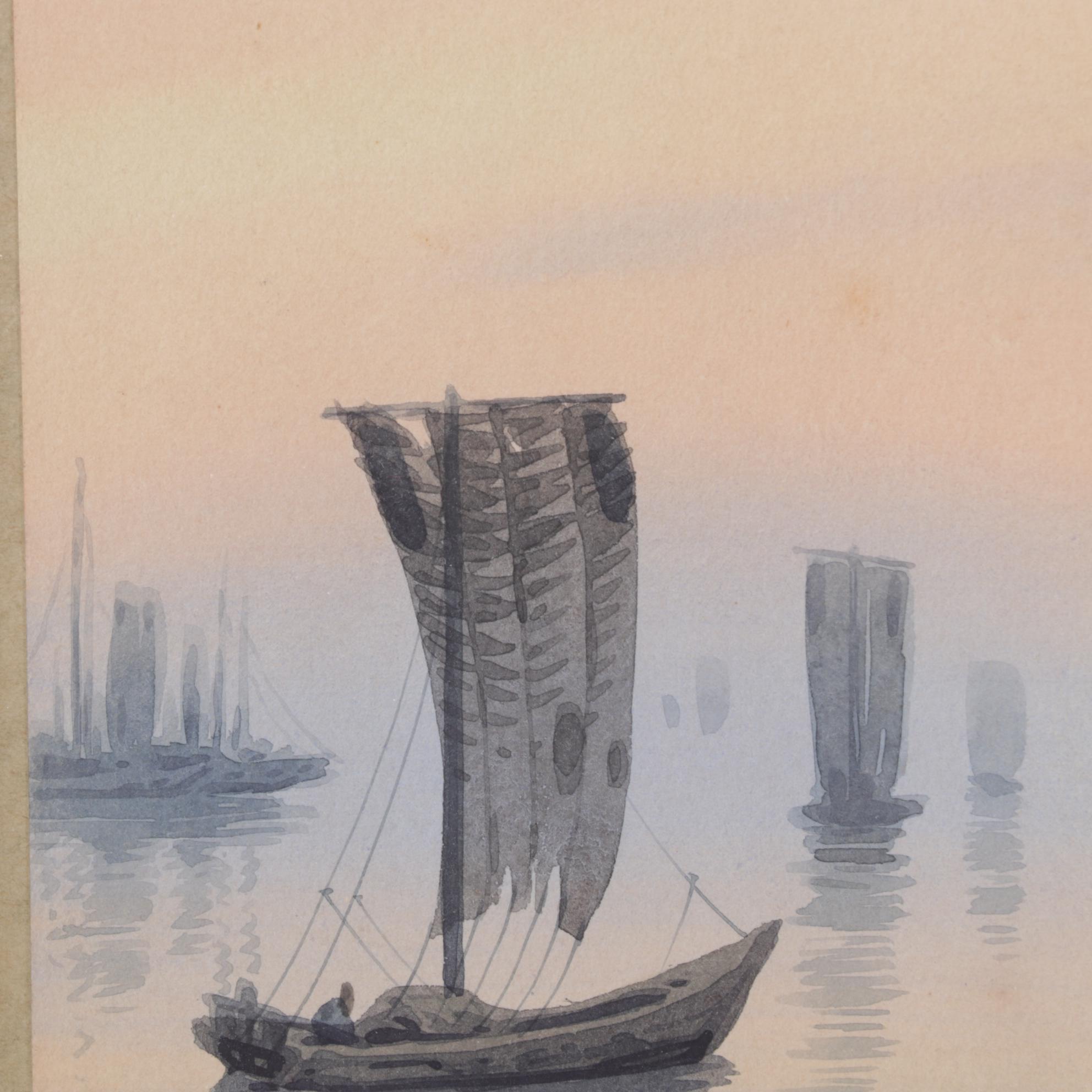 Japanese Watercolor Painting of Boats in Water at Sunset, Early 20th Century