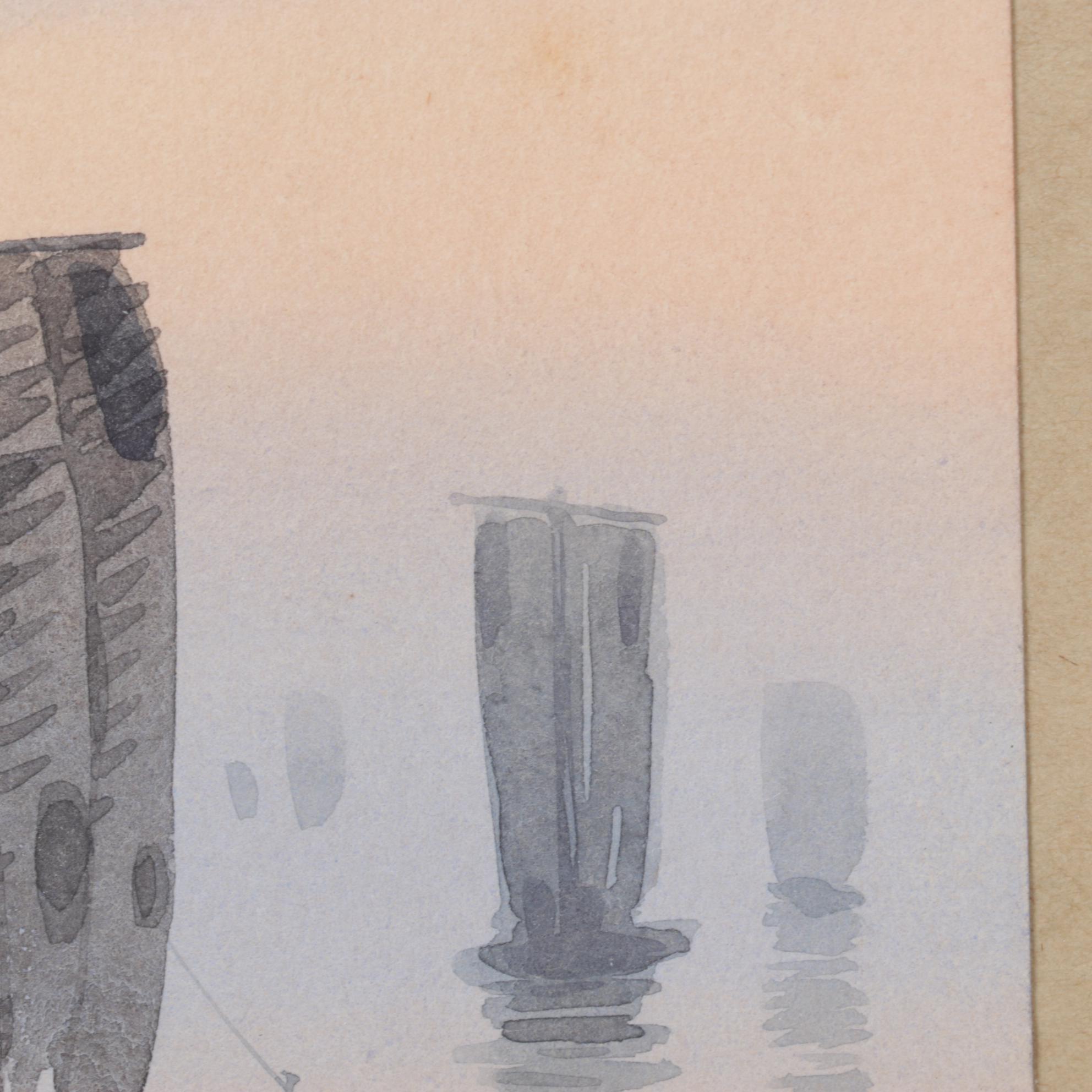 Japanese Watercolor Painting of Boats in Water at Sunset, Early 20th Century