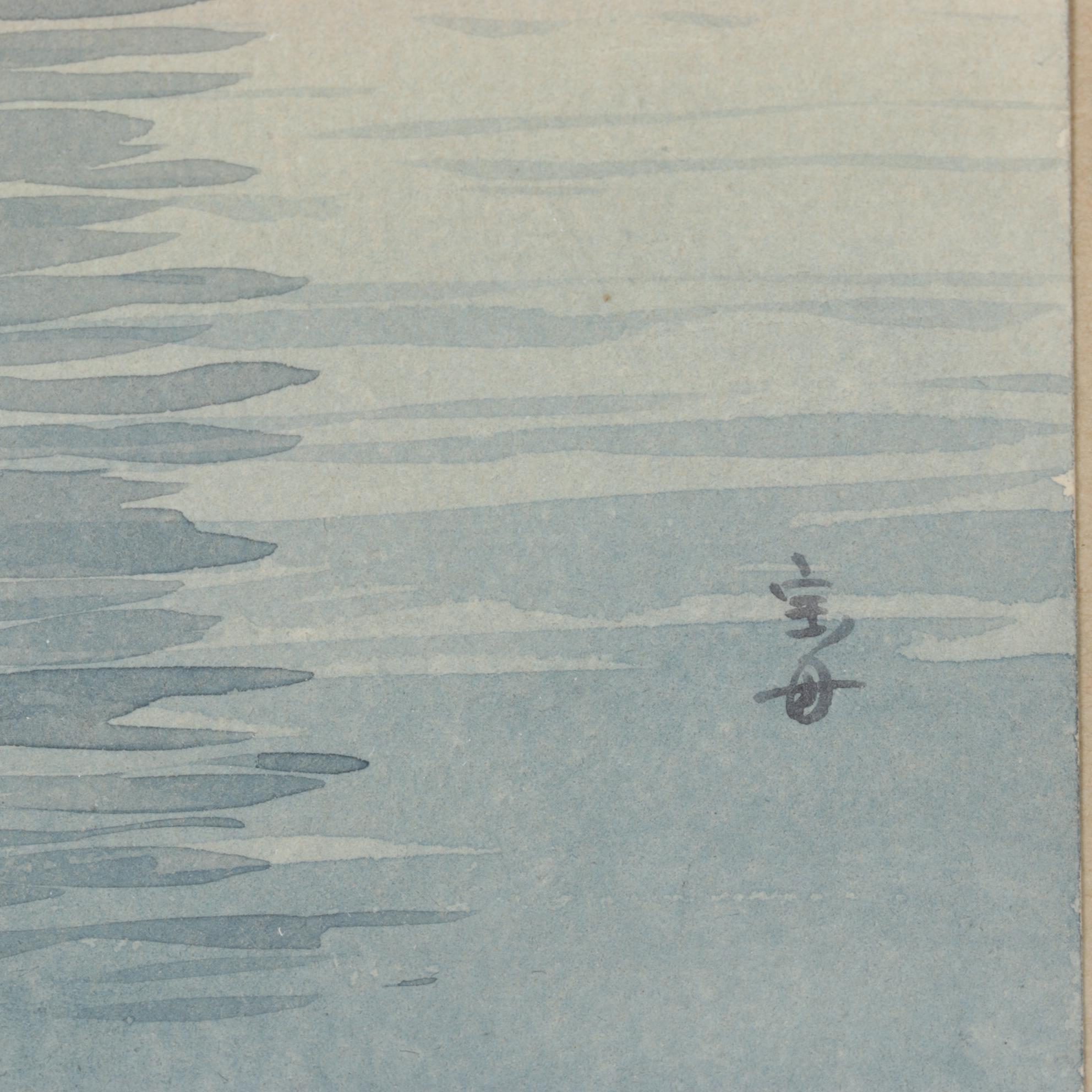 Japanese Watercolor Painting of Boats in Water at Sunset, Early 20th Century