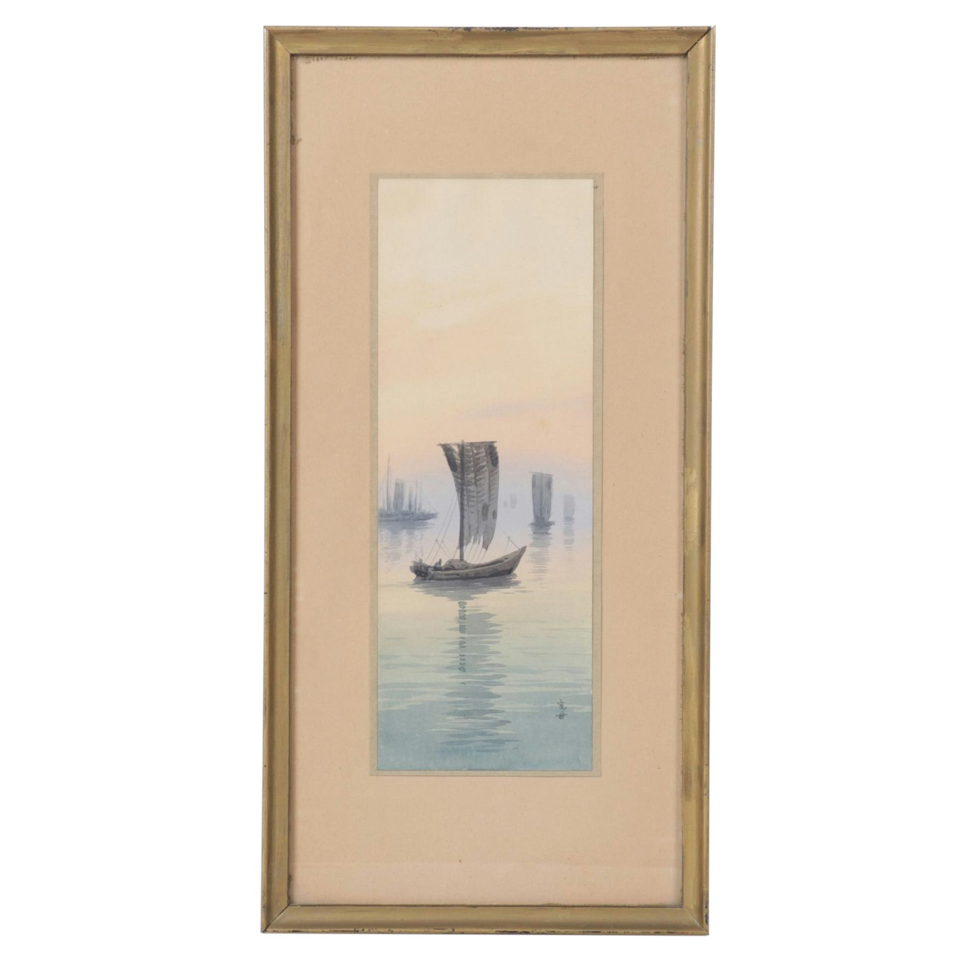 Japanese Watercolor Painting of Boats in Water at Sunset, Early 20th Century