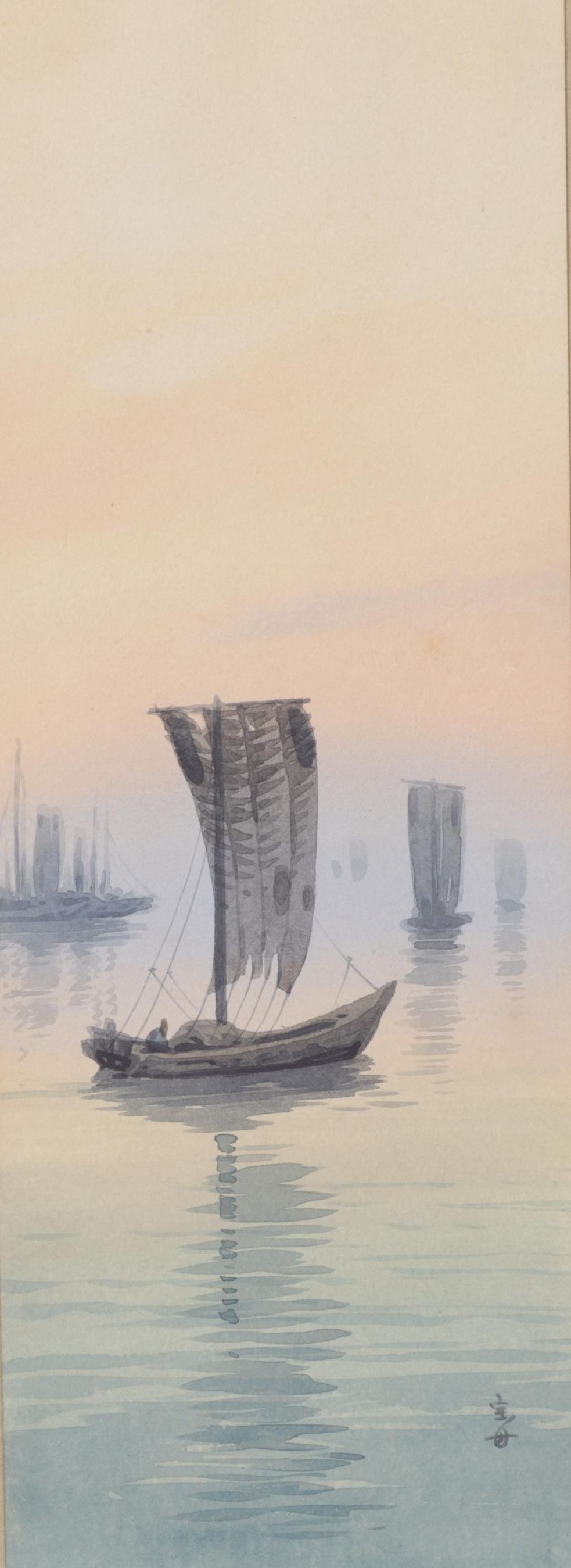 Japanese Watercolor Painting of Boats in Water at Sunset, Early 20th Century