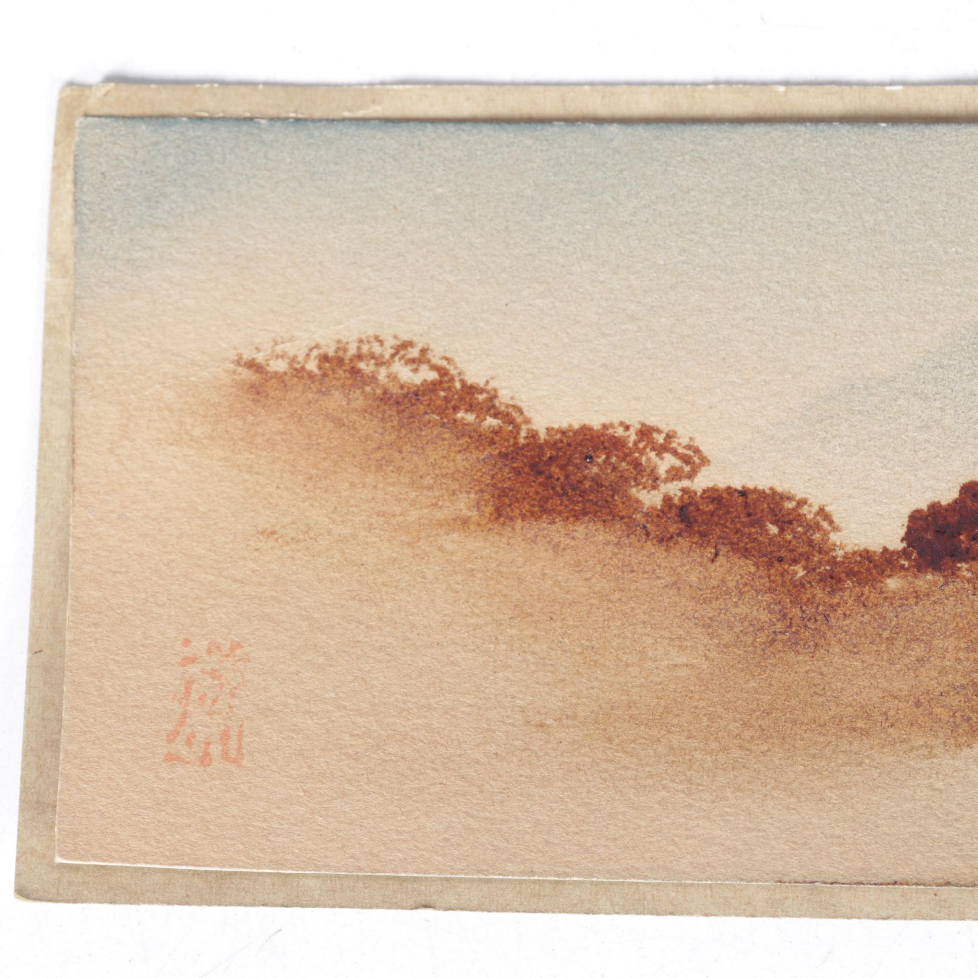 Japanese Watercolor Painting of Traveler Overlooking Moonlit Mountain Range