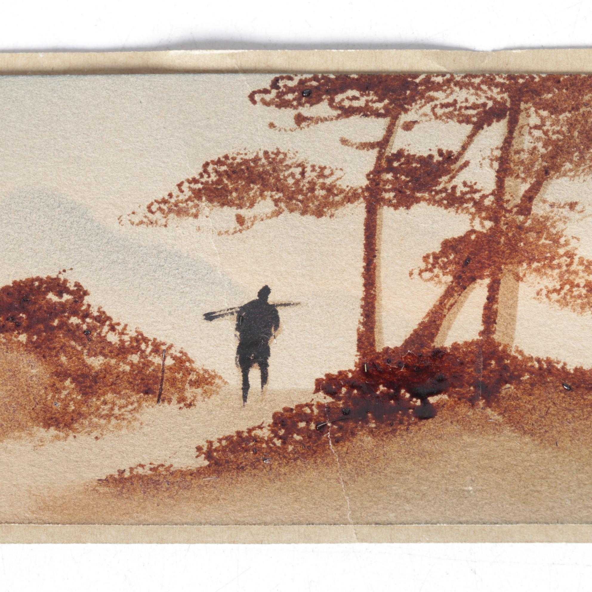 Japanese Watercolor Painting of Traveler Overlooking Moonlit Mountain Range