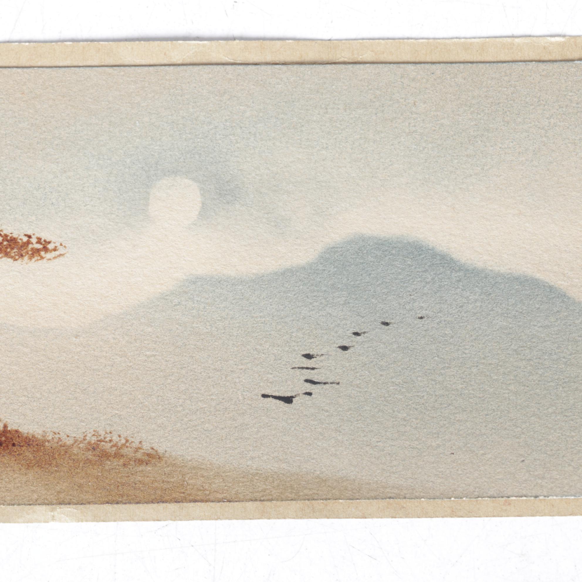 Japanese Watercolor Painting of Traveler Overlooking Moonlit Mountain Range