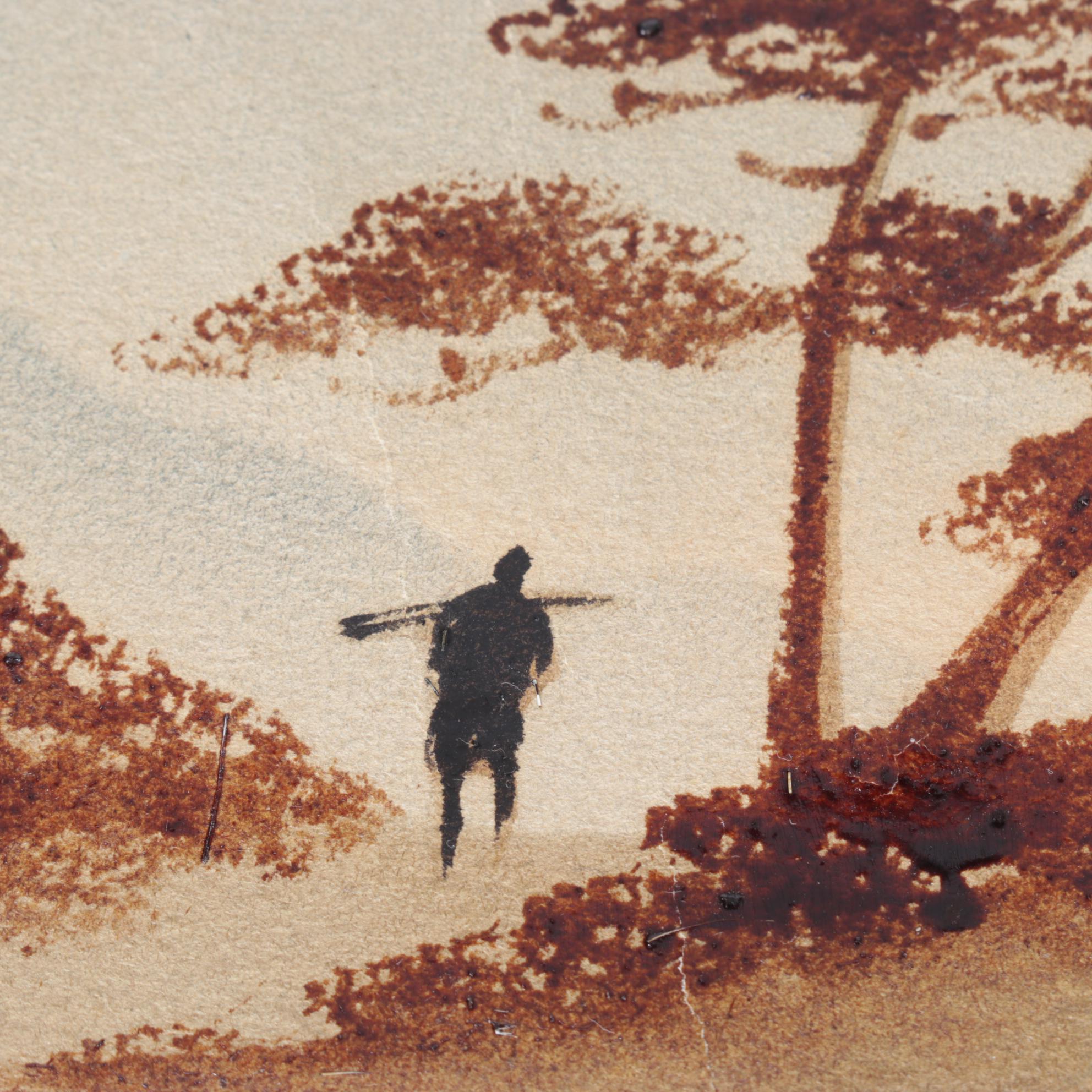 Japanese Watercolor Painting of Traveler Overlooking Moonlit Mountain Range