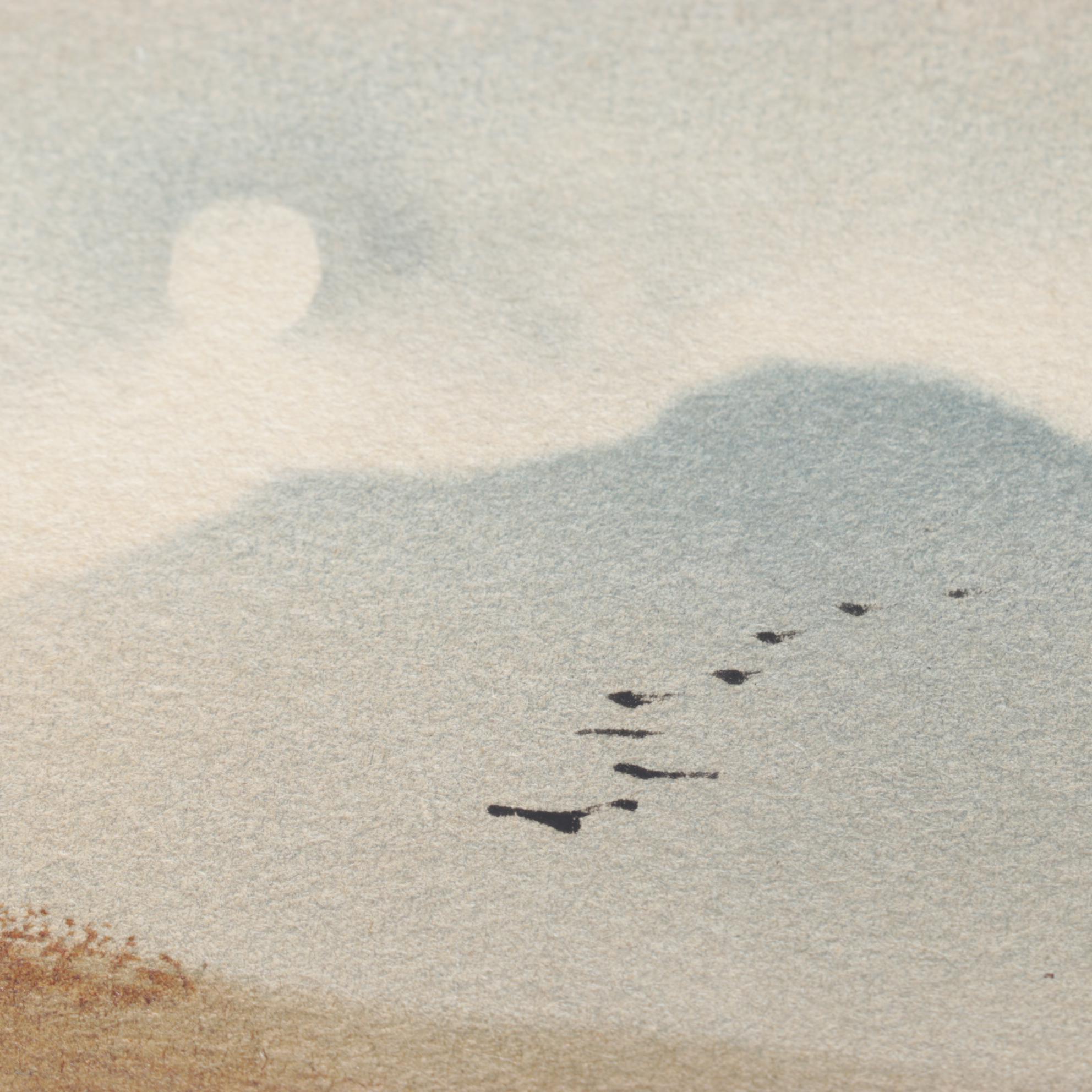 Japanese Watercolor Painting of Traveler Overlooking Moonlit Mountain Range