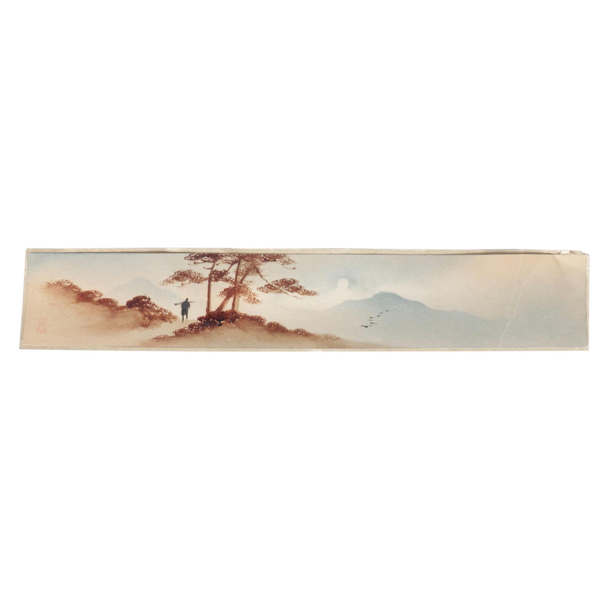 Japanese Watercolor Painting of Traveler Overlooking Moonlit Mountain Range