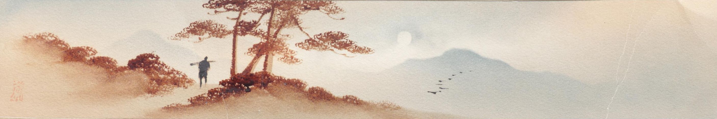 Japanese Watercolor Painting of Traveler Overlooking Moonlit Mountain Range