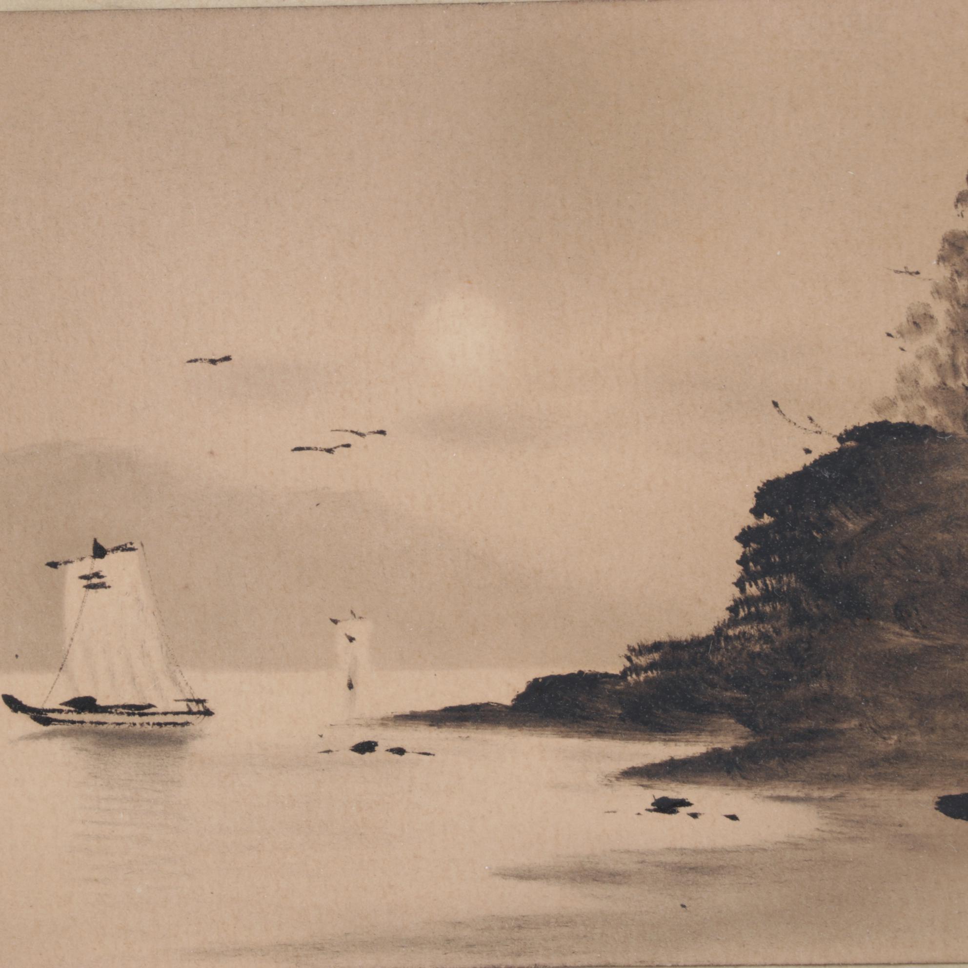 Japanese Watercolor Painting of Hut Overlooking Boats on Moonlit Waters