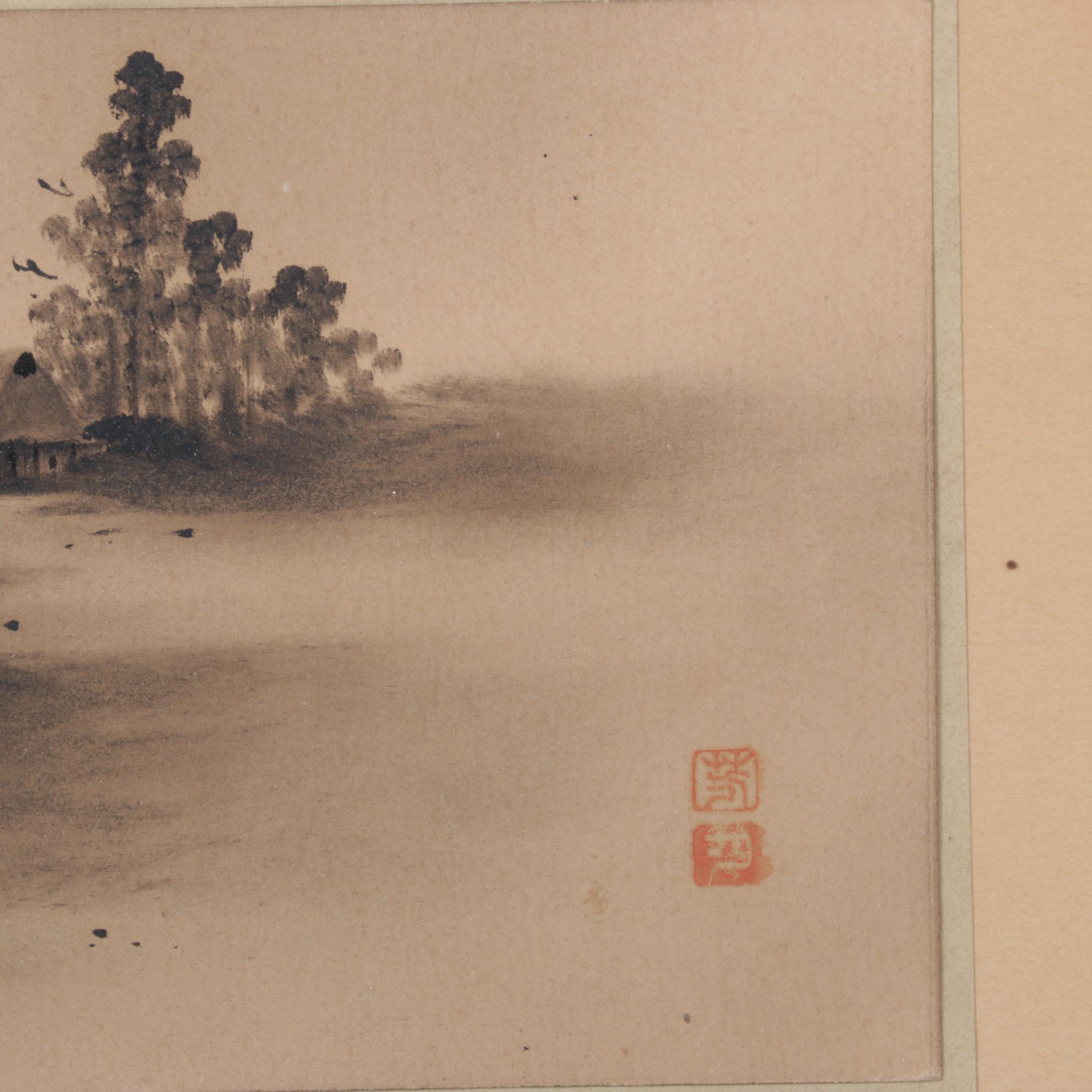 Japanese Watercolor Painting of Hut Overlooking Boats on Moonlit Waters