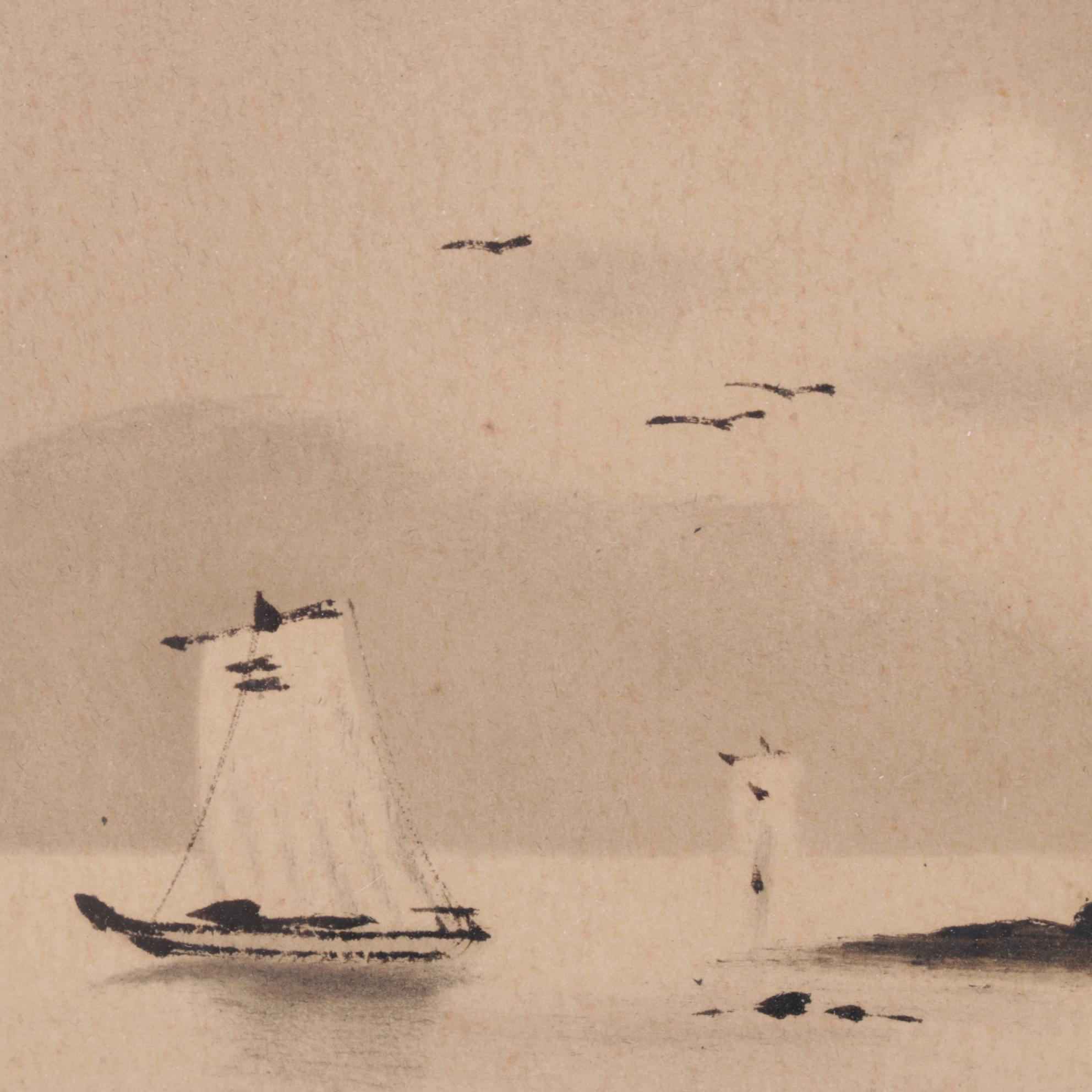 Japanese Watercolor Painting of Hut Overlooking Boats on Moonlit Waters