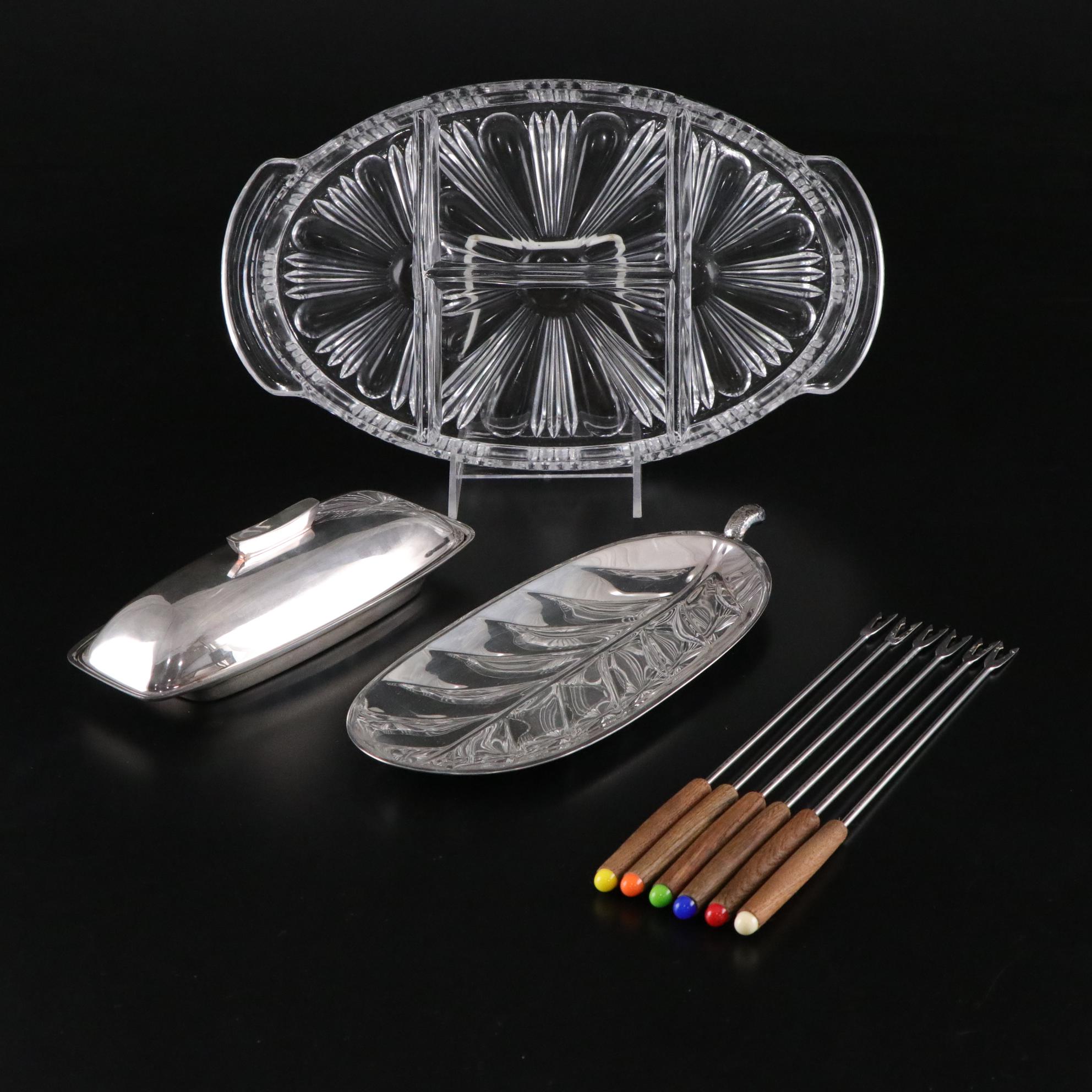 Mid Century Modern Serveware with Glass Divided Relish, Fondue Forks, and More