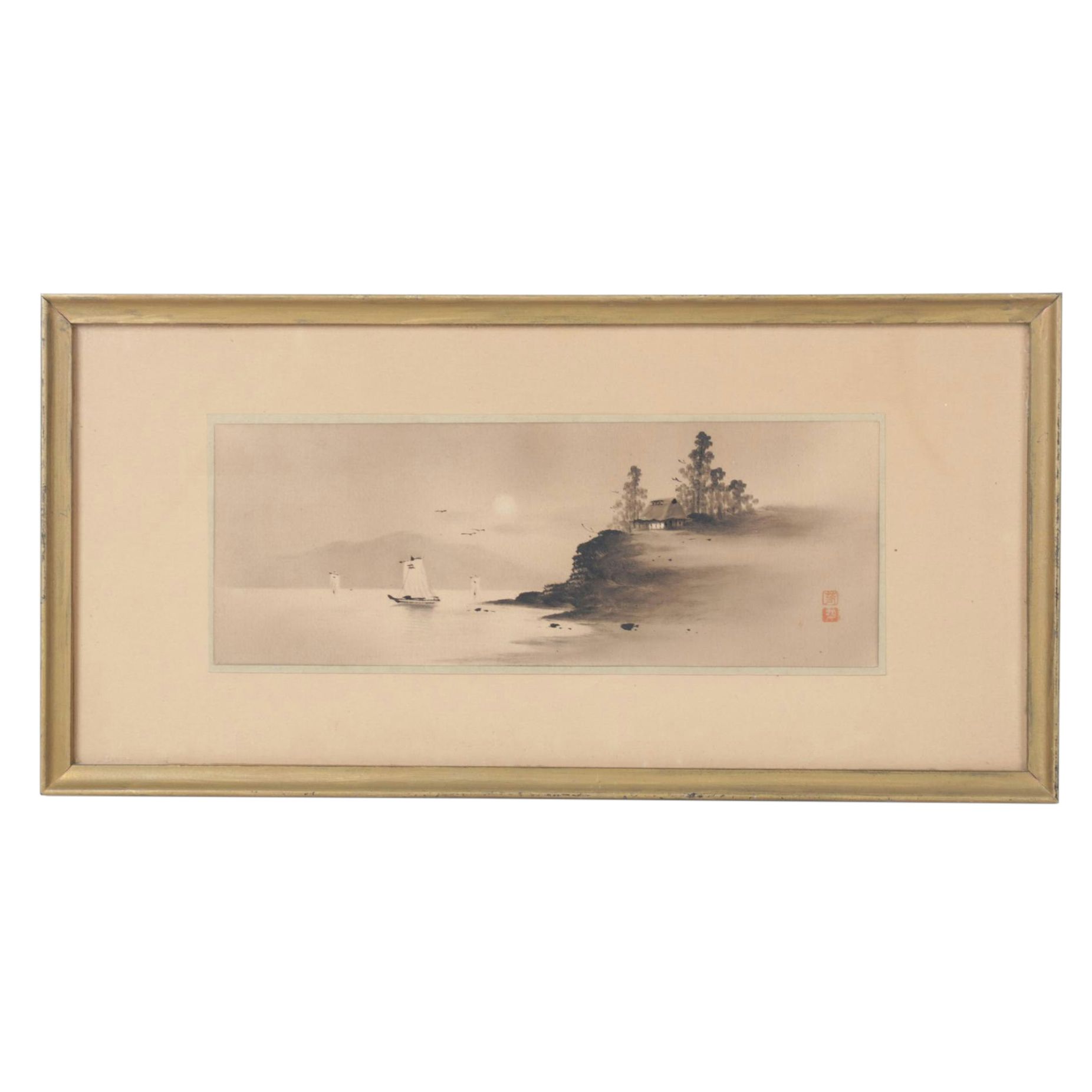 Japanese Watercolor Painting of Hut Overlooking Boats on Moonlit Waters