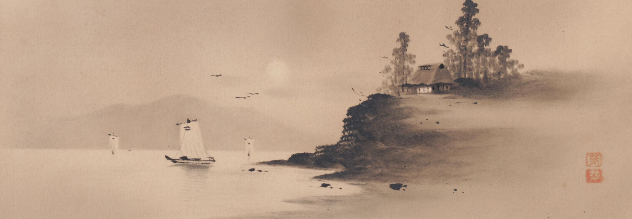 Japanese Watercolor Painting of Hut Overlooking Boats on Moonlit Waters