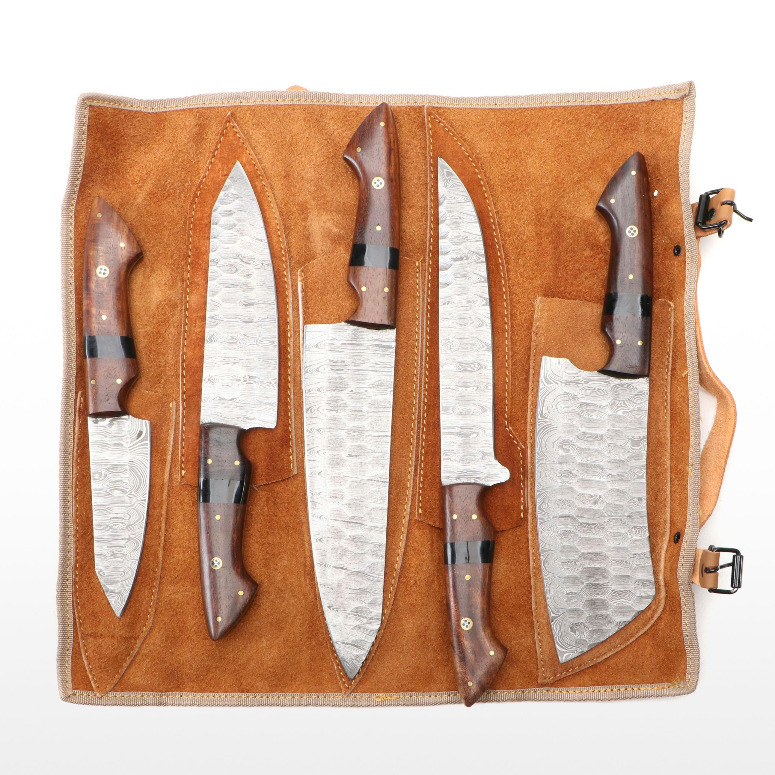 Damascus Steel and Wooden Handled Chef's Knife Set in Suede Roll