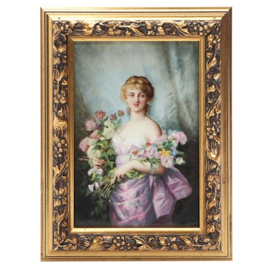 European Portrait of Woman Holding Bouquets Porcelain Tile in Wood Frame European Portrait of Woman Holding Bouquets Porcelain Tile in Wood Frame