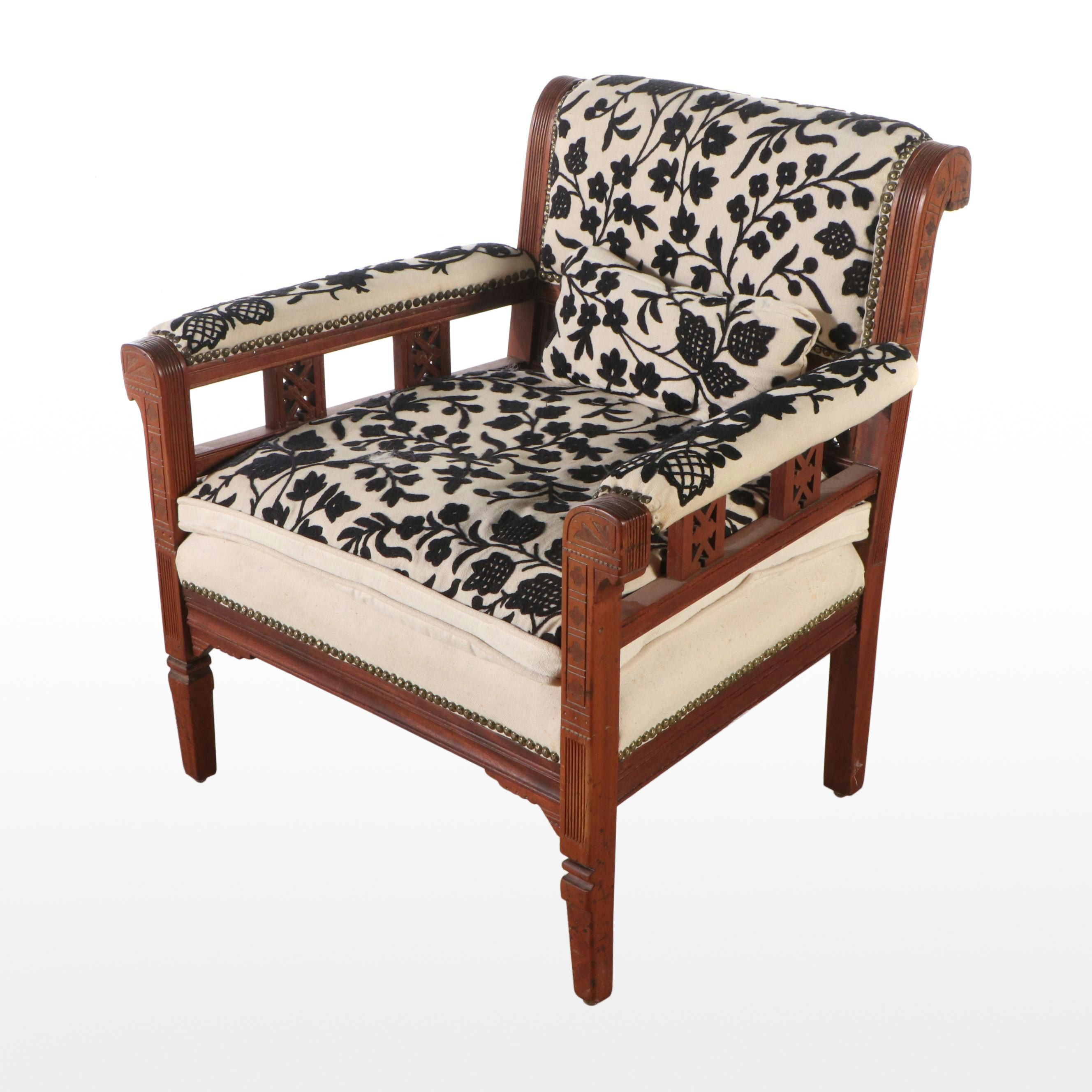 Eastlake Style Carved Walnut Armchair with Handmade Brocade Upholstery