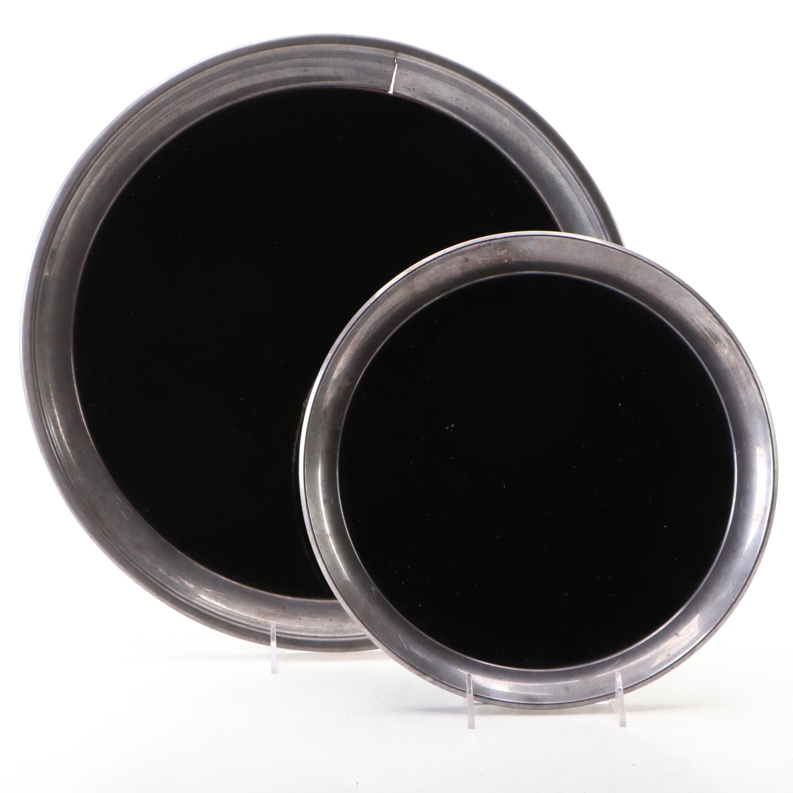 Vintage F. B. Rogers and Other Silver Plate Rimmed and Laminate Round Trays