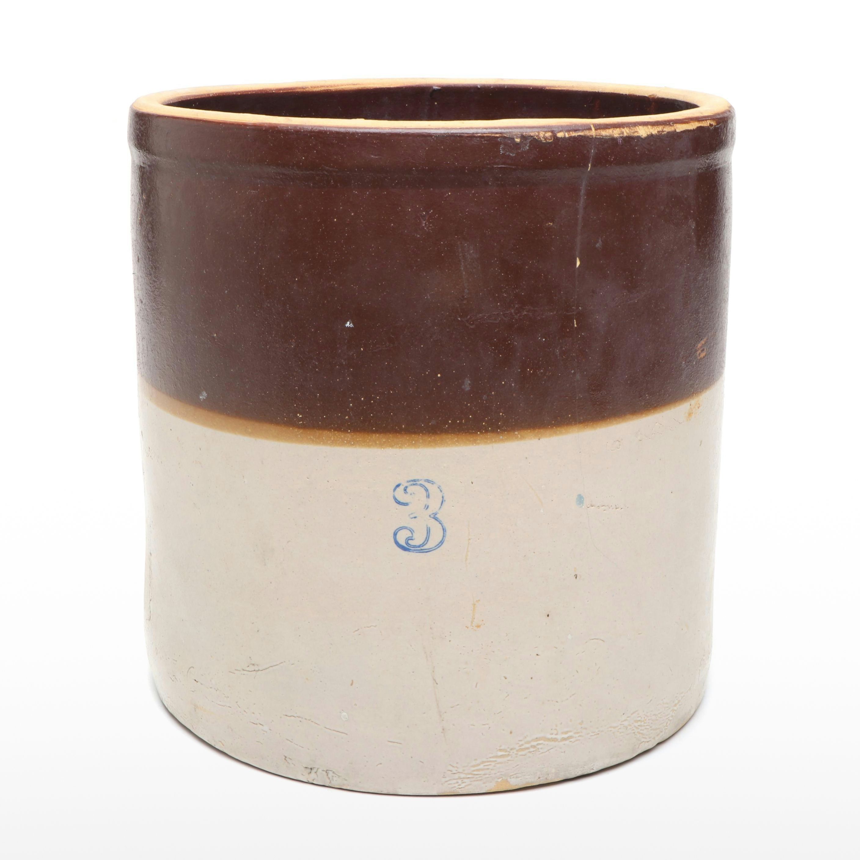 Brown over Tan Stoneware Crock