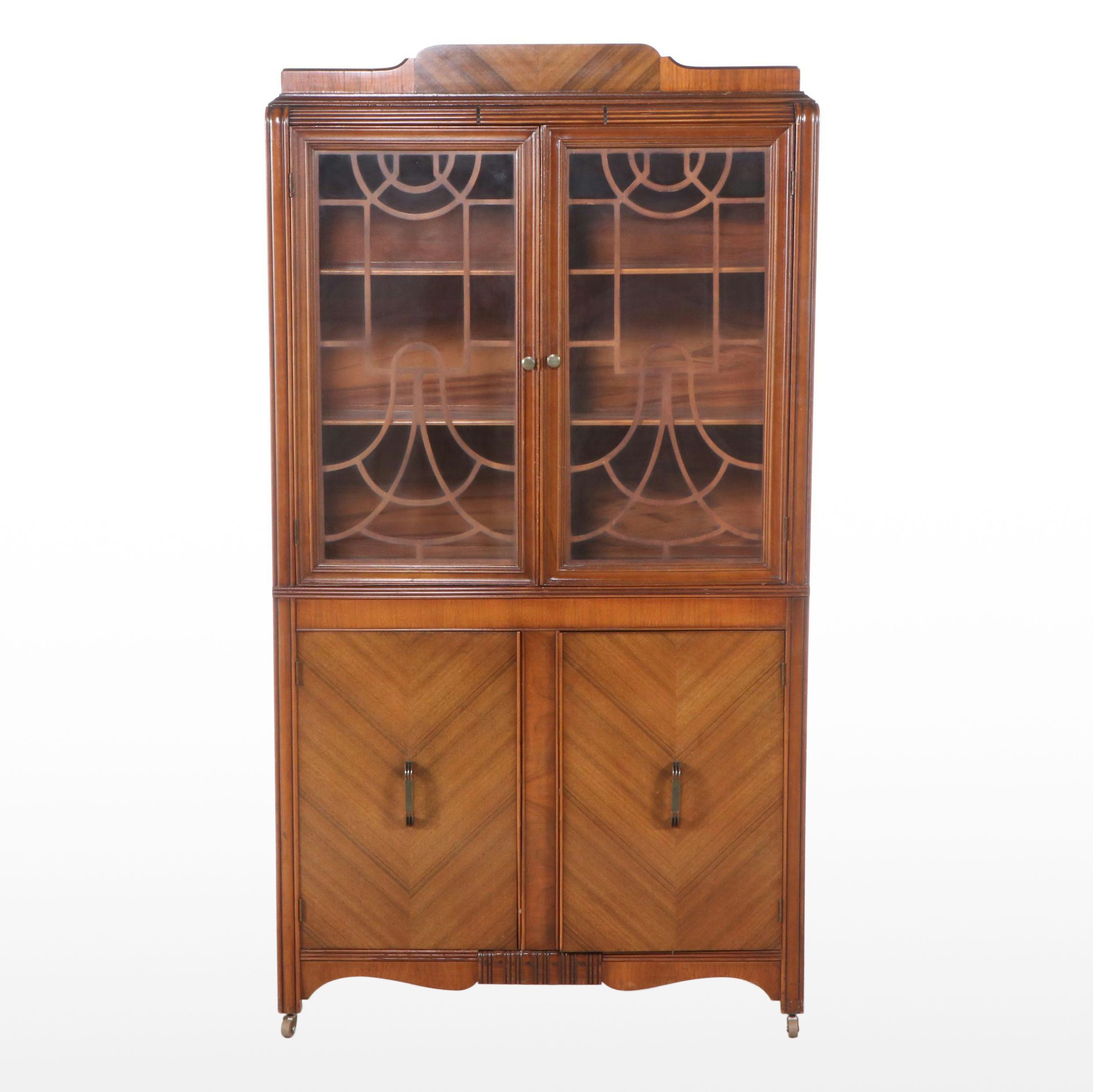 Art Deco Style Waterfall Walnut Veneer China Cabinet, Early to Mid-20th Century