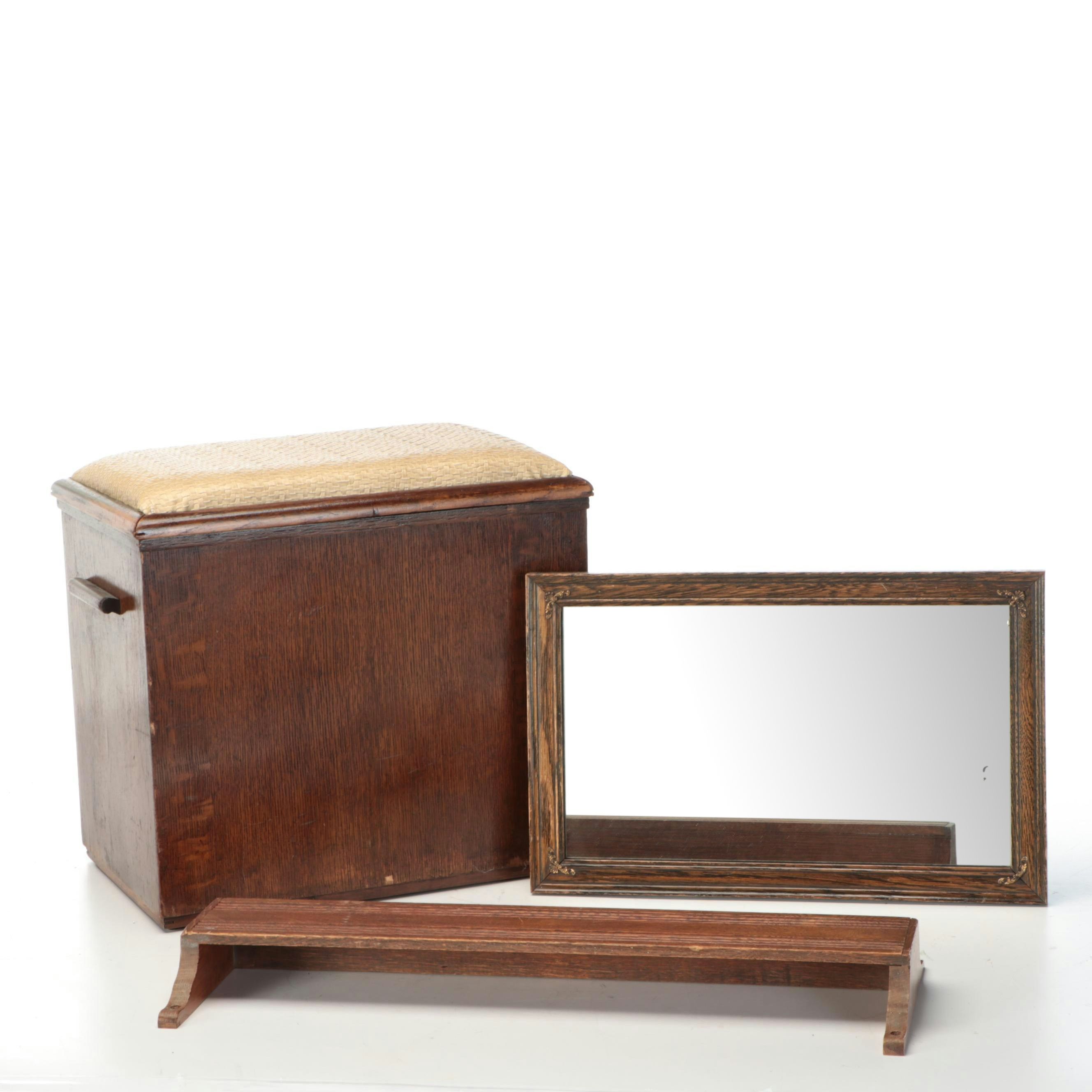 Oak Veneered Bench Box, Oak Framed Mirror and Wall Shelf
